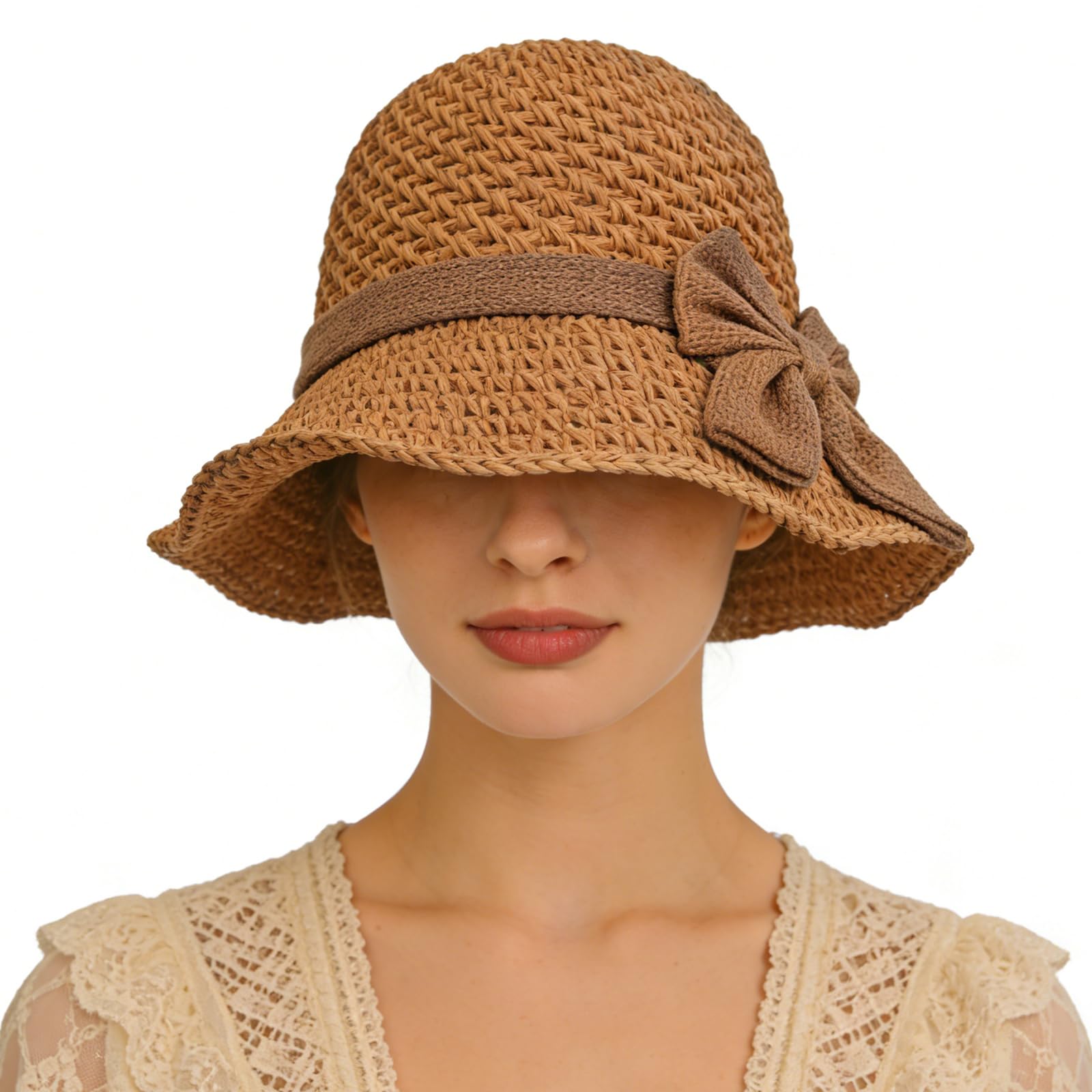 TINAYAUE Chapeau de Paille Pliable Femme, Anti-UV UPF Casquette de Soleil Respirante, Capeline Panama pour Plage, Voyage, Randonnée