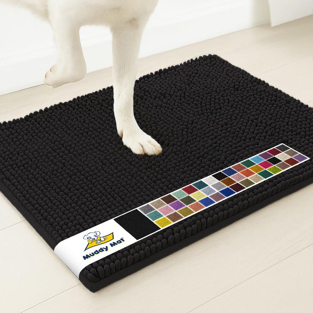 Muddy Mat® | Super Water Absorbent Door Mat Indoor, Microfiber Quick Dry Chenille Entryway Rug, Slip Resistant Front Door Mat, Indoor Mats for Entryway, Machine Washable Pet Rug, Black 16"x24"