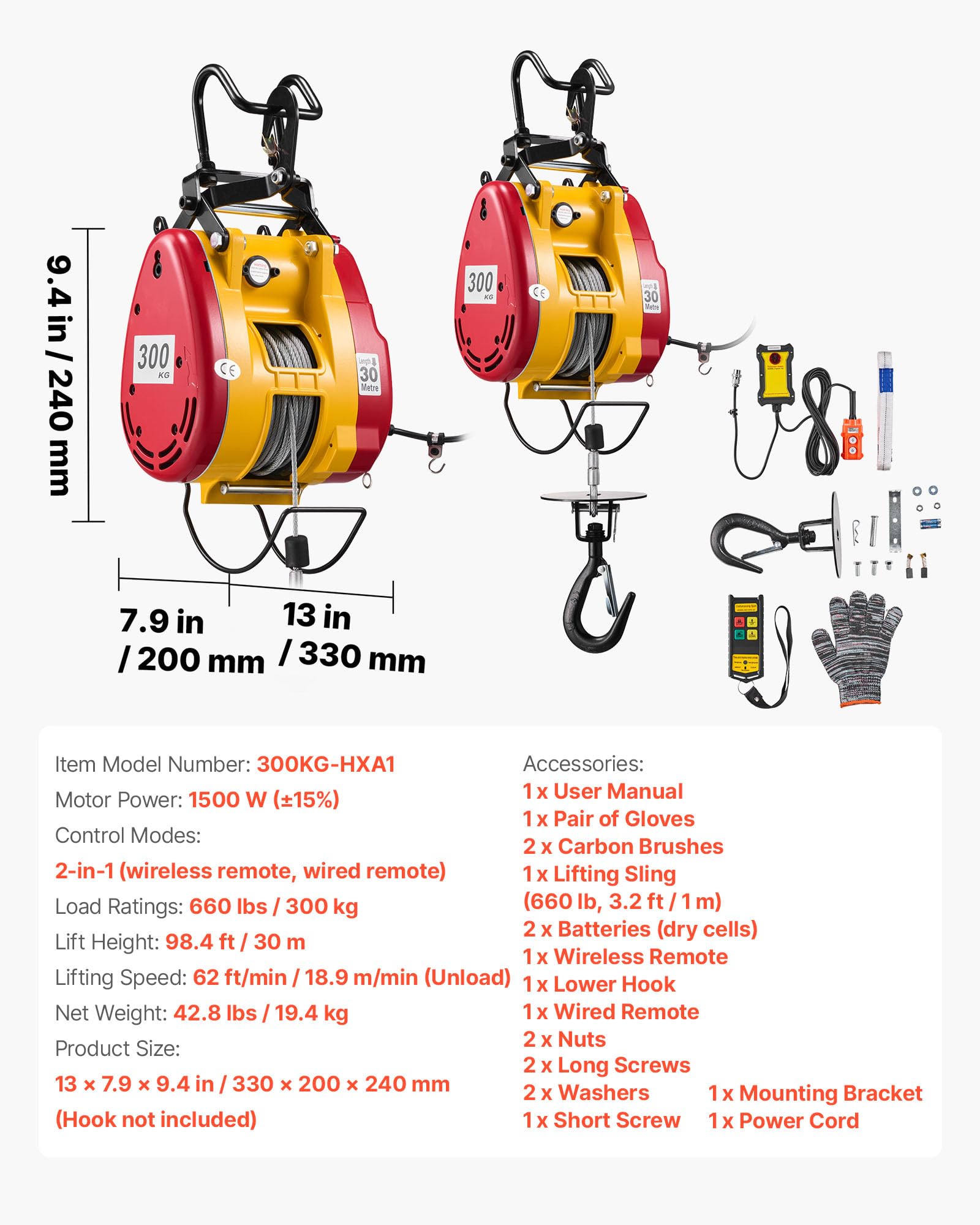 VEVOR Seilwinde Elektrisch 300 kg, 2-in-1 Elektro-Seilhebezug 1500 W, Hebezug 30 m Hubhöhe, Seilzug 18,9 m/min, mit kabelgebundener & kabelloser Fernbedienung für Fabrik, Lagerhalle & Garage