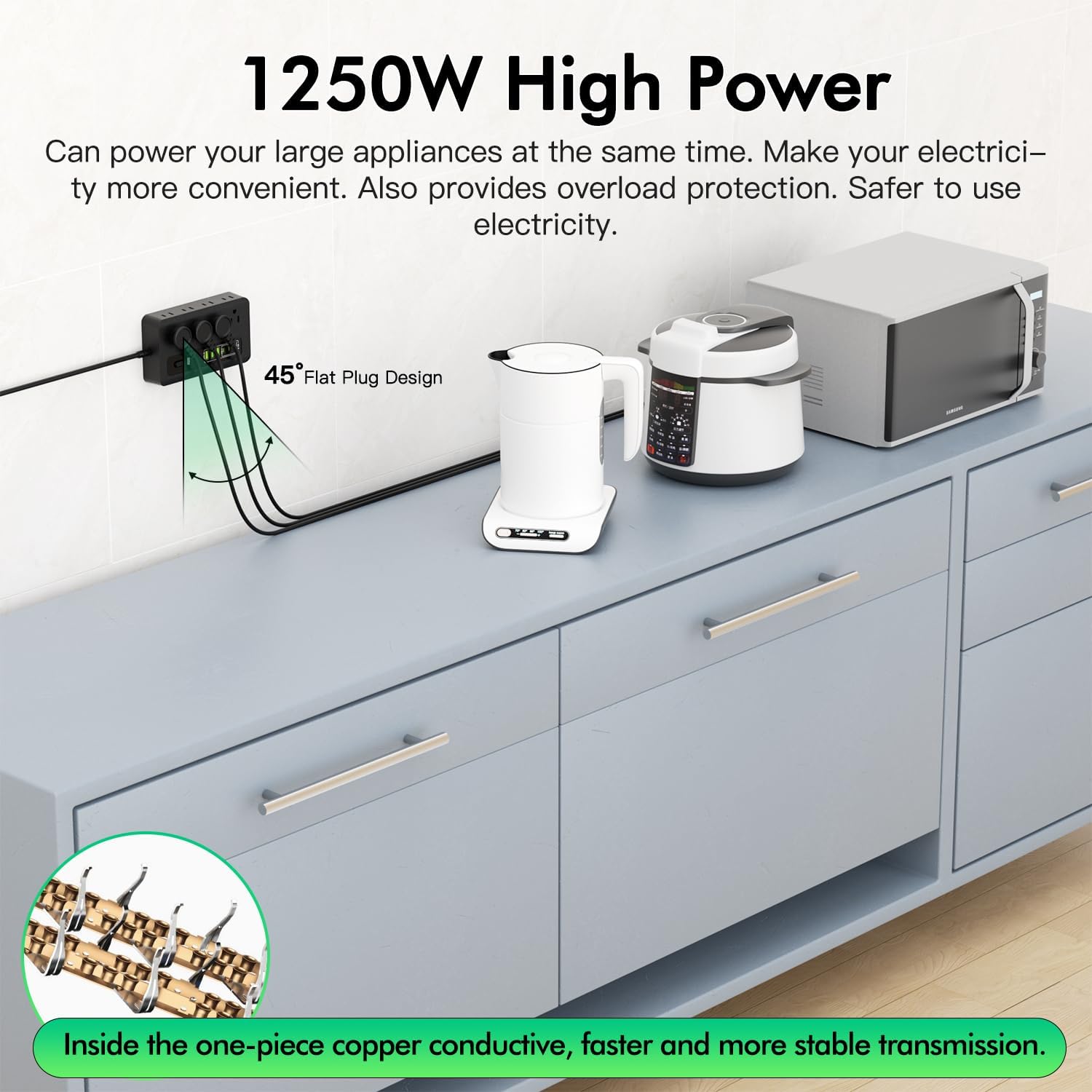 Power Strip with USB, 6ft Surge Protector Flat Plug Extension Cord with 8 Outlets, 3 USB Ports & 3 Type-C Ends (5V/3A), Home Office Outlet Extender (Black)