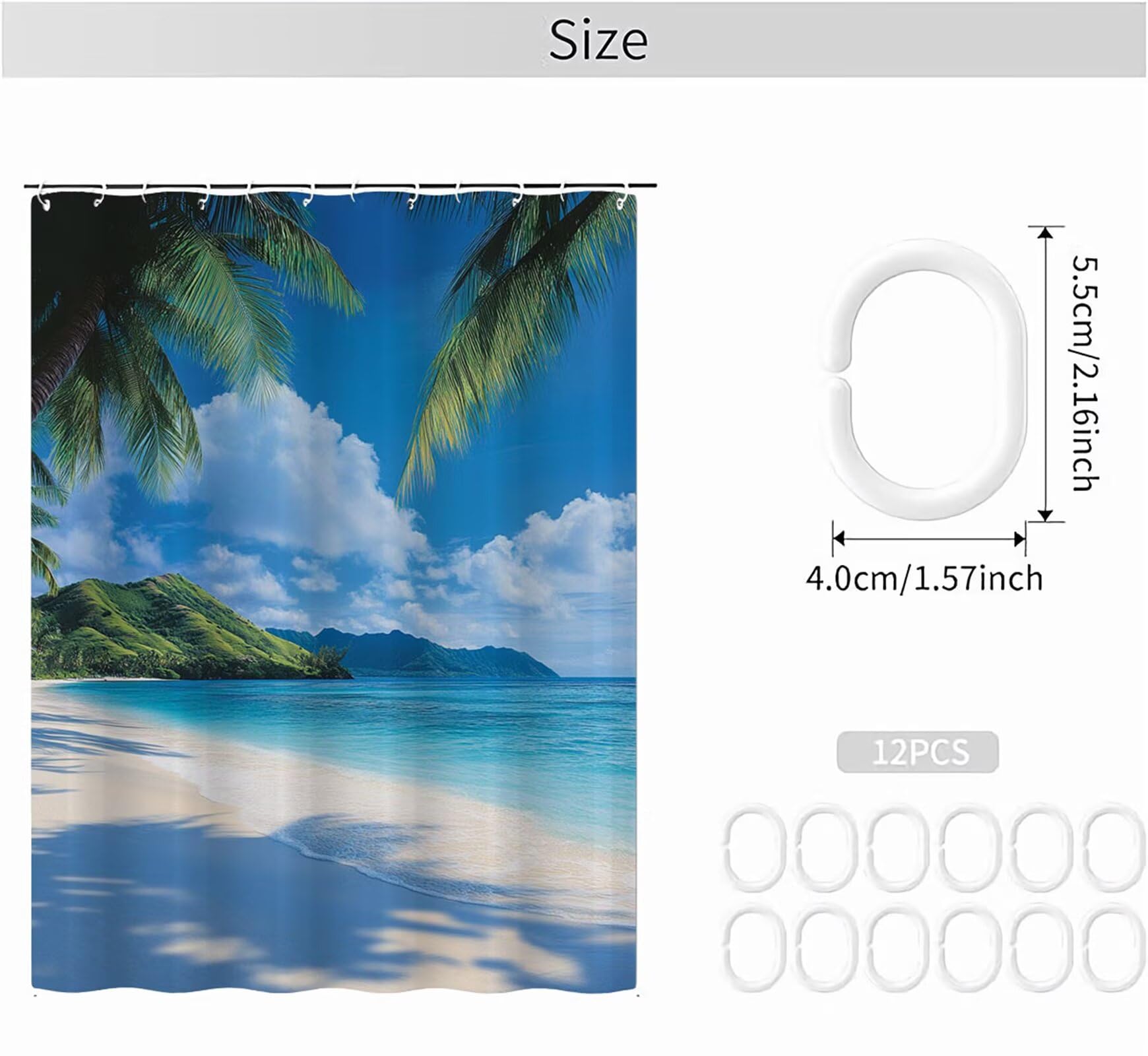 Rideau Douche Bleu Rideau de Douche Plage Anti Moisissure Tissu en Polyester, Séchage Rapide Lavable Shower Curtain, Lesté Ourlet, Avec 12 Crochets, pour Famille Hôtel Baignoire Decor 200x240 cm -h442