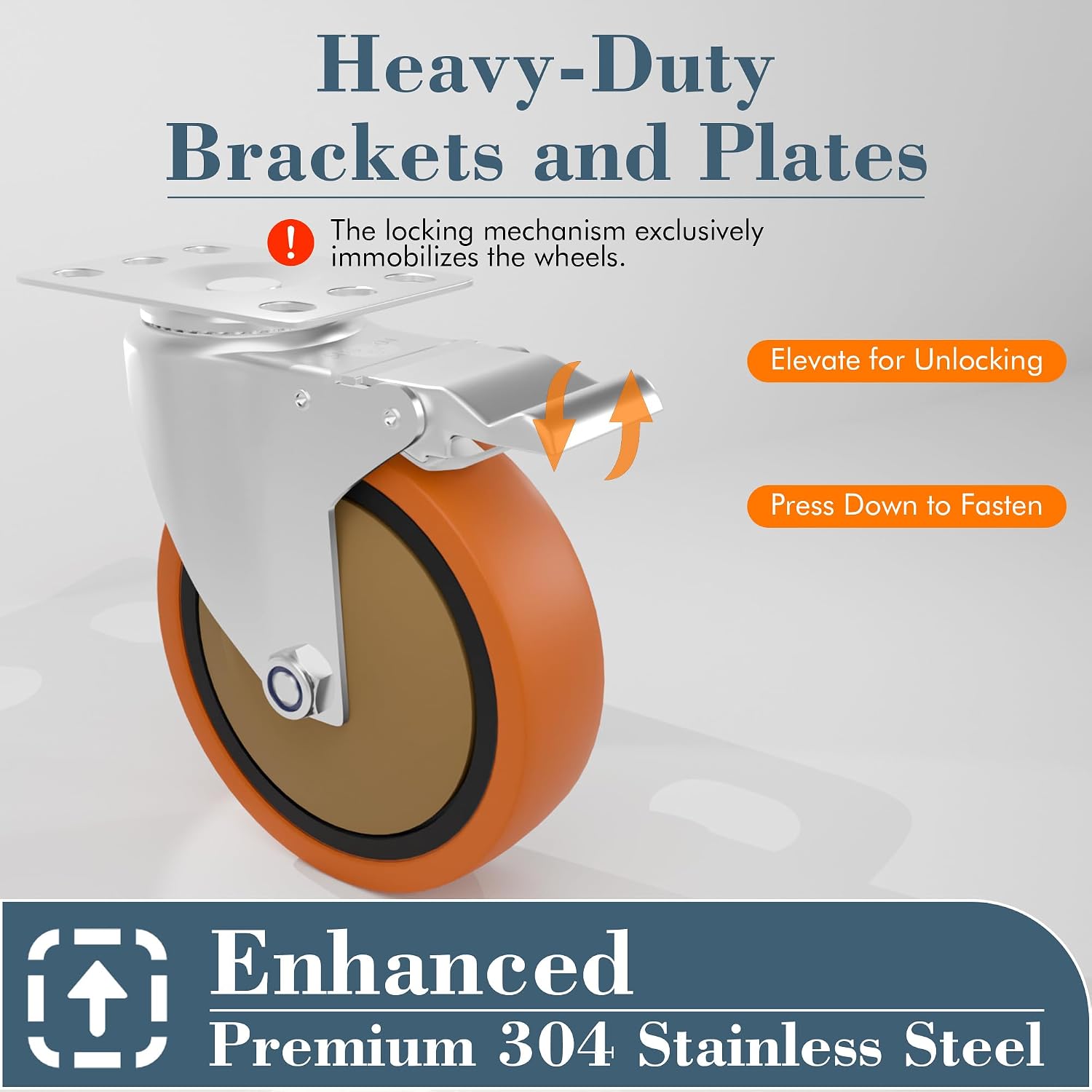 5 Inch 304 Stainless Steel Casters with Brake, Set of 2, Heavy Duty Swivel Wheels for Commercial Kitchen, Food Processing, Hospital, Lab, Utility Carts