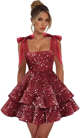 Yuxin Sparkly Sequin Homecoming Dresses with Bow Short Tiered Mini Prom Dress for Teens Sweet 16