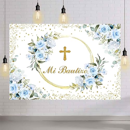 Miniatura 4 de AIBIIN Telón de fondo Mi Bautizo de 7 x 5 pies para niño, bautizo floral azul, primera comunión, fotografía, fondo de bautizo, puntos con purpurina,