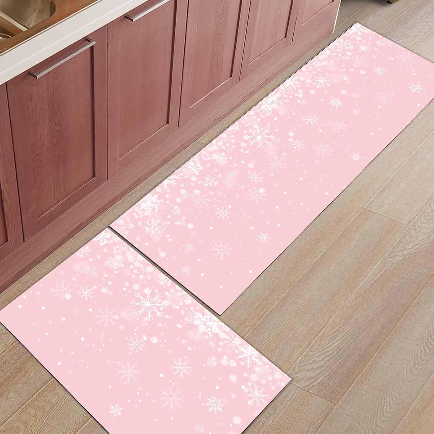 Libaoge Merry Christmas Kitchen Rugs and Mats Set of 2 Winter Snowflake Pink Background Kitchen Sink Mat,Non-Slip Area Runner Rug,Washable Floor Mat for Home Dining Room Office 18"x30"+18"x48"