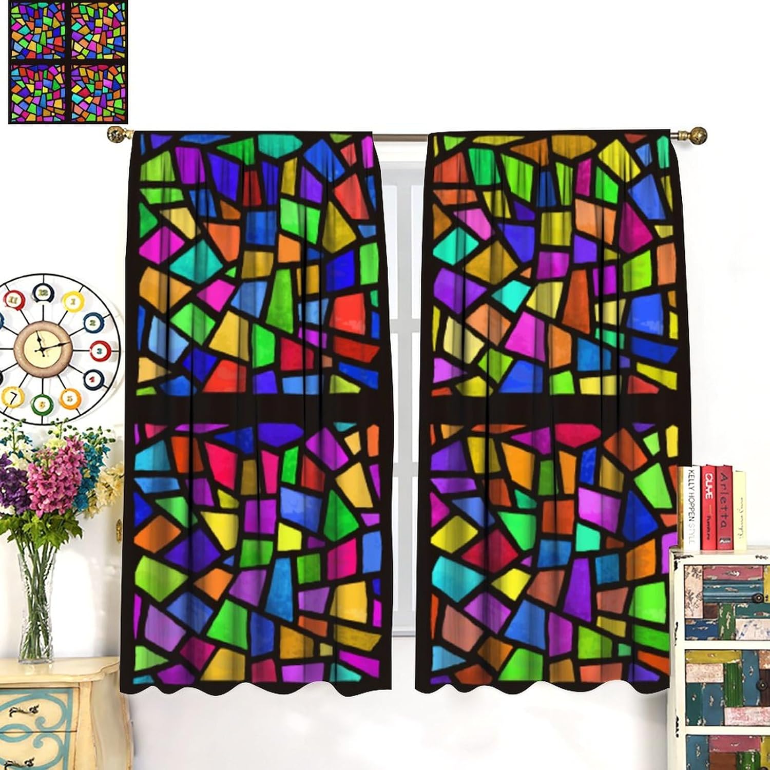 Stained Glass Windows Curtains,Mid-Century Vintage Bohemian Design Abstract Mosaic Art Style Curtains for Bedroom Living Room Kitchen Café Window Drapes 2 Panels Set,Total Size 72" x 63"