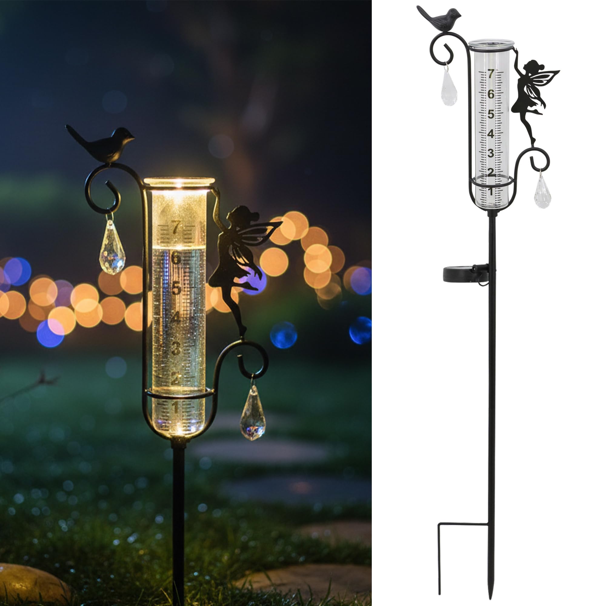 Glass Fairy Weather Station with Solar &amp; Rain Gauge for Yard Decorations