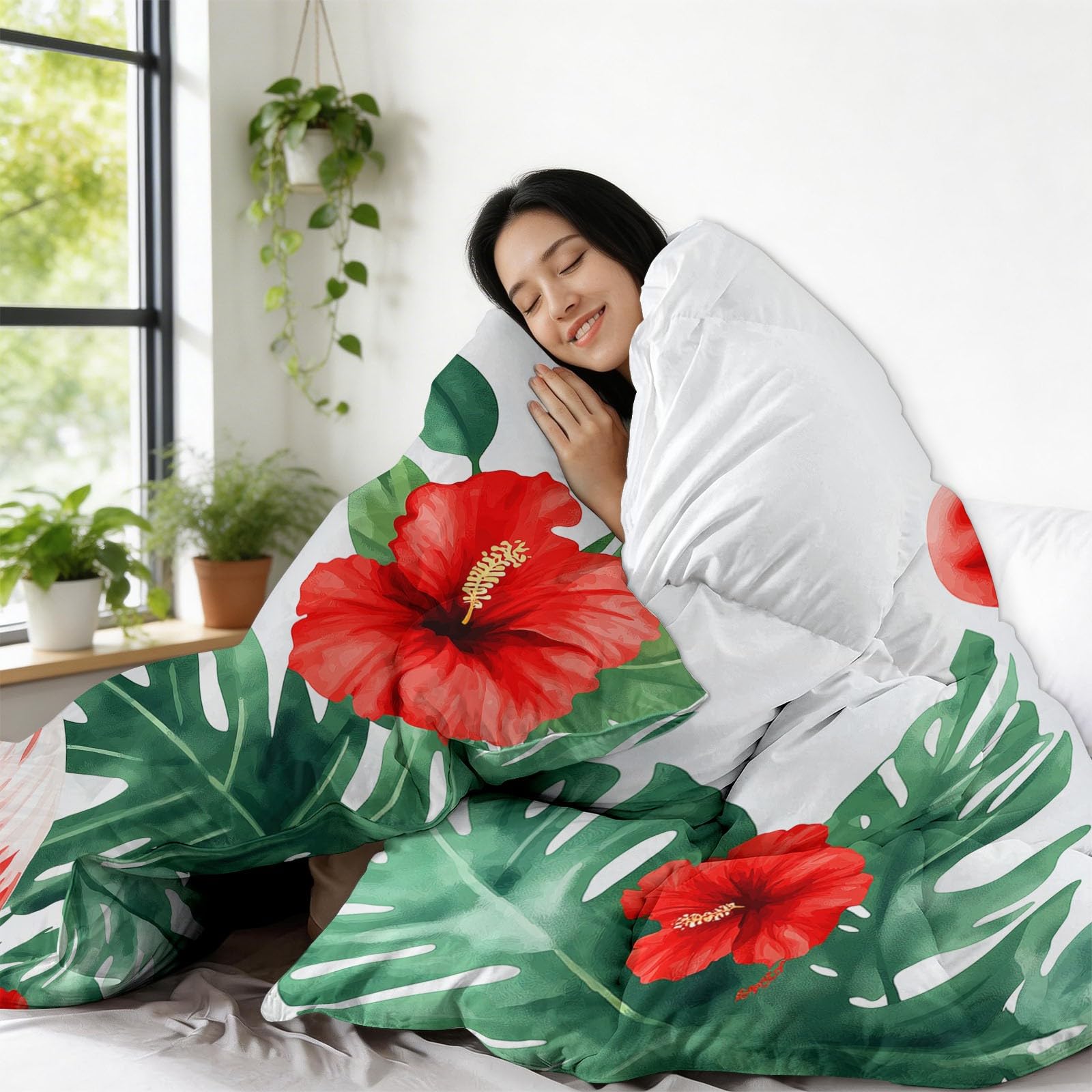 Piumone Invernale Matrimoniale 220 x 240 cm Acquerello Animali Fiori Fenicotteri Trapunta in Ecopiuma 400 gr/mq, Caldo ed Elegante – Biancheria da Letto Anallergica – Set 3 Pezzi, Rosso E Verde