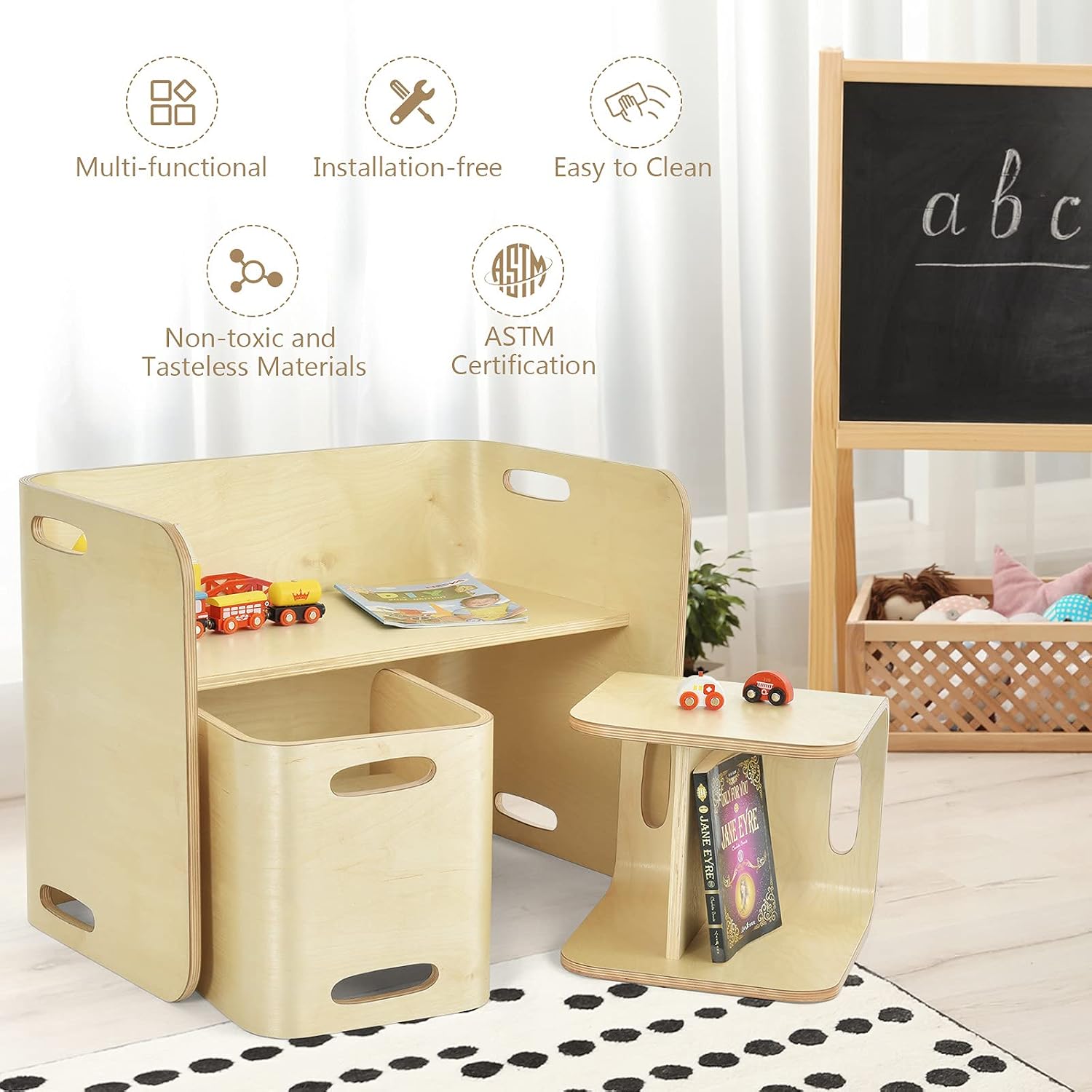 HONEY JOY Kids Table and Chair Set, Wood Baby Activity Table and 2 Stacking Chairs with Storage, for Reading, Eating, Arts, Crafts, Playroom, Toddler Table & Chair Set for Girls Boys, Natural