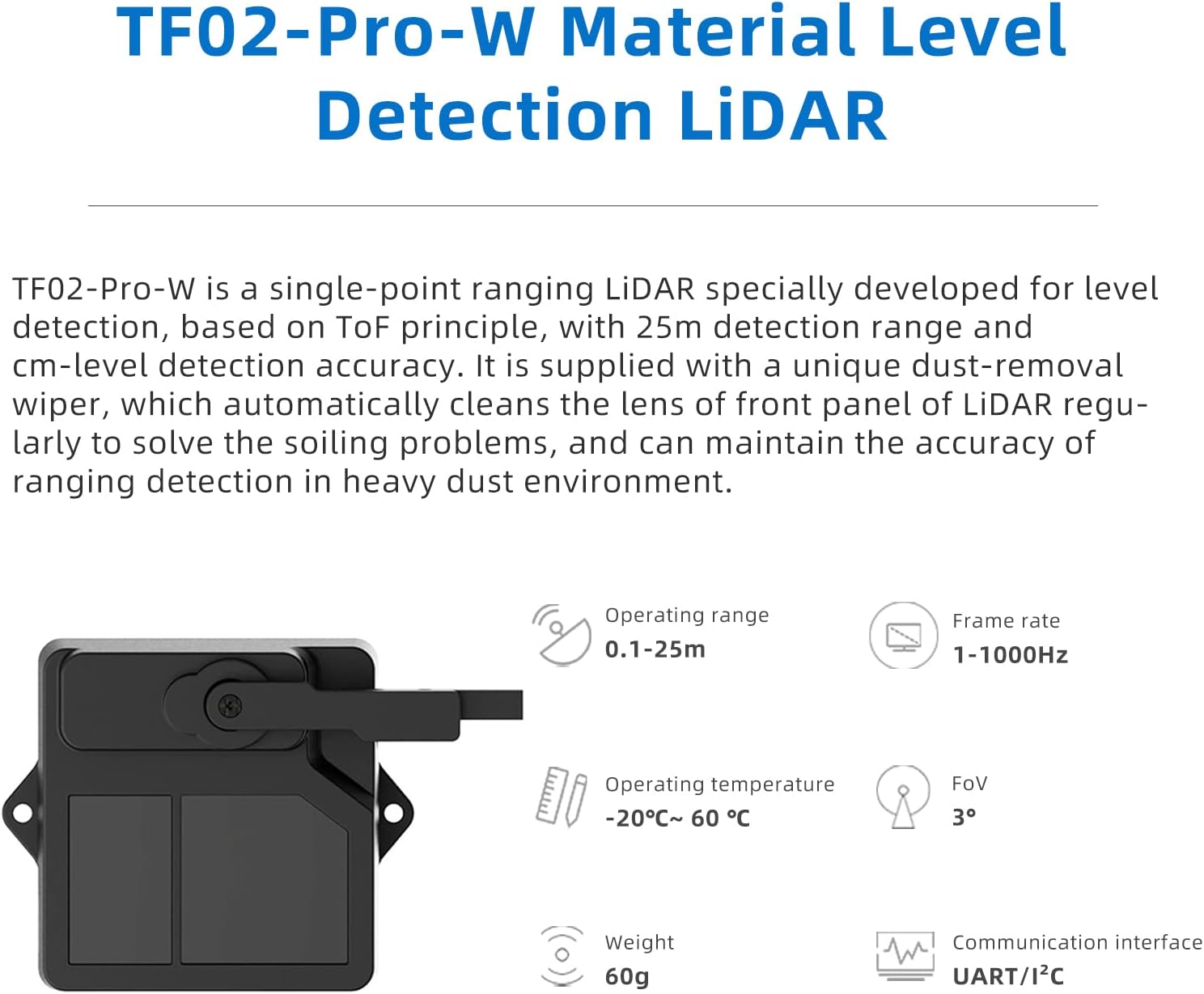 youyeetoo TF02-Pro-W Single-Point Ranging TOF LiDAR, 25 m (82 ft) Operating Range, 1000 Hz Frame Rate, 3° FoV, RS-485 / UART, LoRaWAN, 4G, Wi-Fi for Material Level Detection (UART/I²C Version)