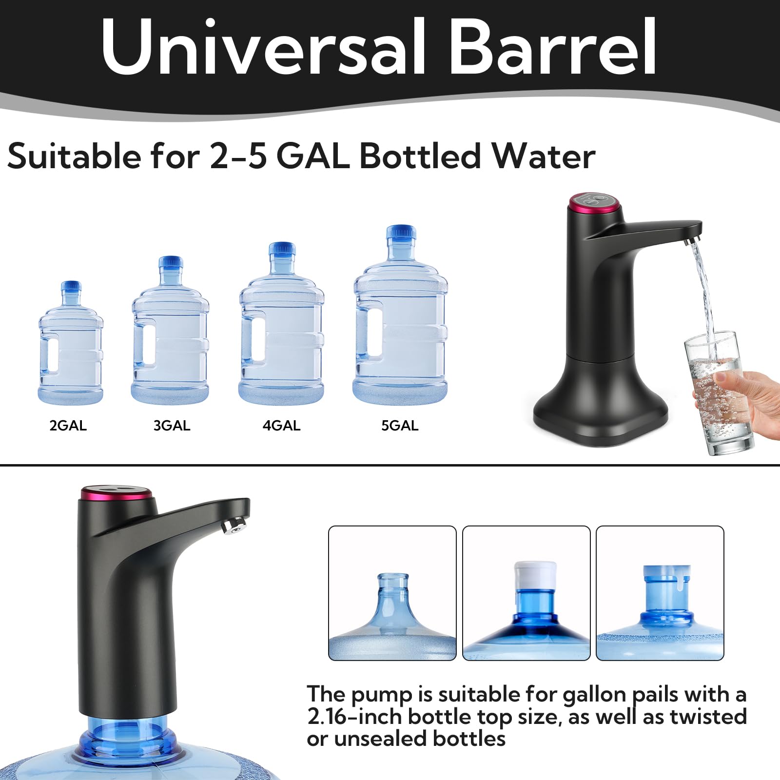 Paquete de 2 bombas dispensadoras de agua para botella de 5 galones, bomba de jarra de agua portátil recargable por USB-C, dispensador automático de agua para encimera para el hogar y la oficina