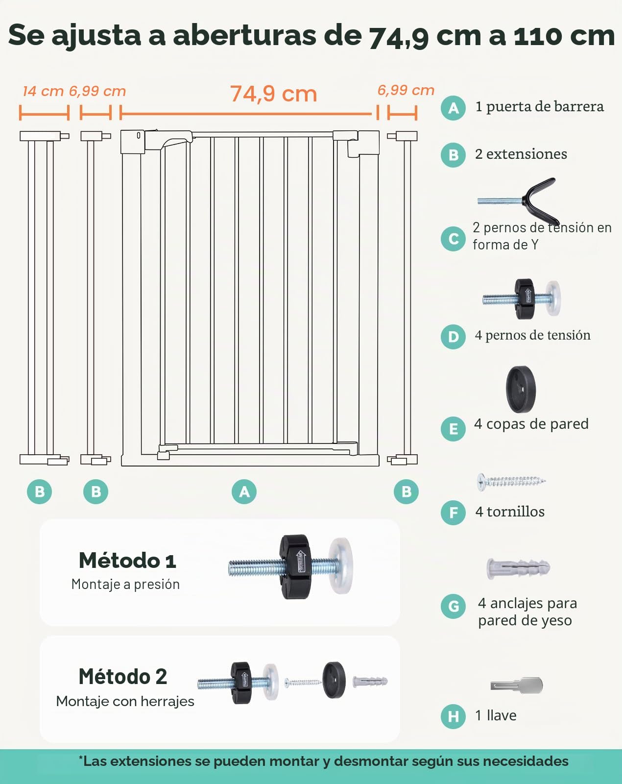 COMOMY Puerta de Perros 91,5cm Extra Alto, 75-110cm Ancho Grande Puerta Seguridad Bebe de Cierre Automático, Duradera Barrera Seguridad Niños para Escalera, Montadas a Presión, Negro