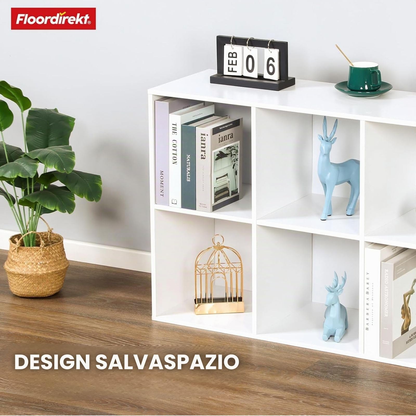 Floordirekt Libreria bianca in legno con 6 scomparti, scaffale a cubo per soggiorno e camera da letto (Vermont)