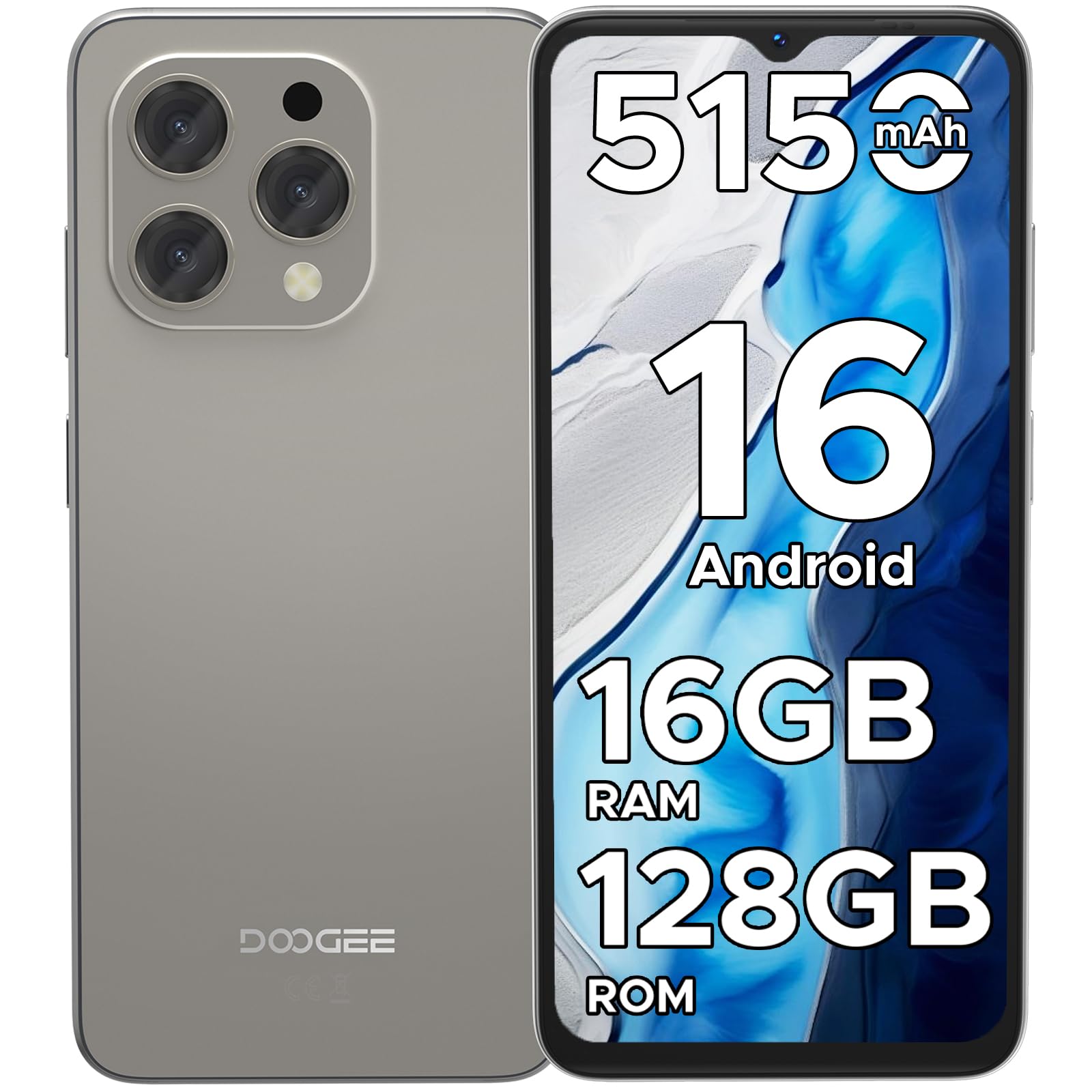 DOOGEE N55 Android 16 Smartphone, 16GB+128GB/2TB TF, 90Hz 6.56" HD+Display Telefono, UNISOC T7200, 13MP+8MP Camera Cellulare, 5150mAh Batteries Telefoni, 4G Dual SIM/Widevine L1/Face Unlock, Natural