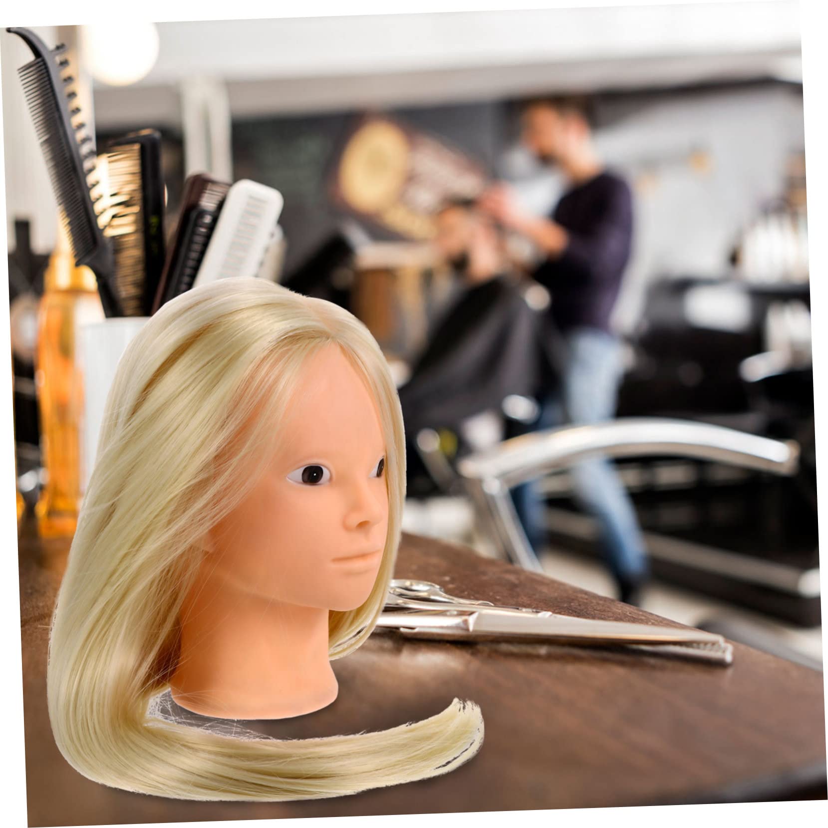 WOONEKY Cabeza de Maniquí y Soporte para Peluquería con Peluca Dorada Práctica de Trenzado y Corte Adecuado para Peinados de Boda y Danza