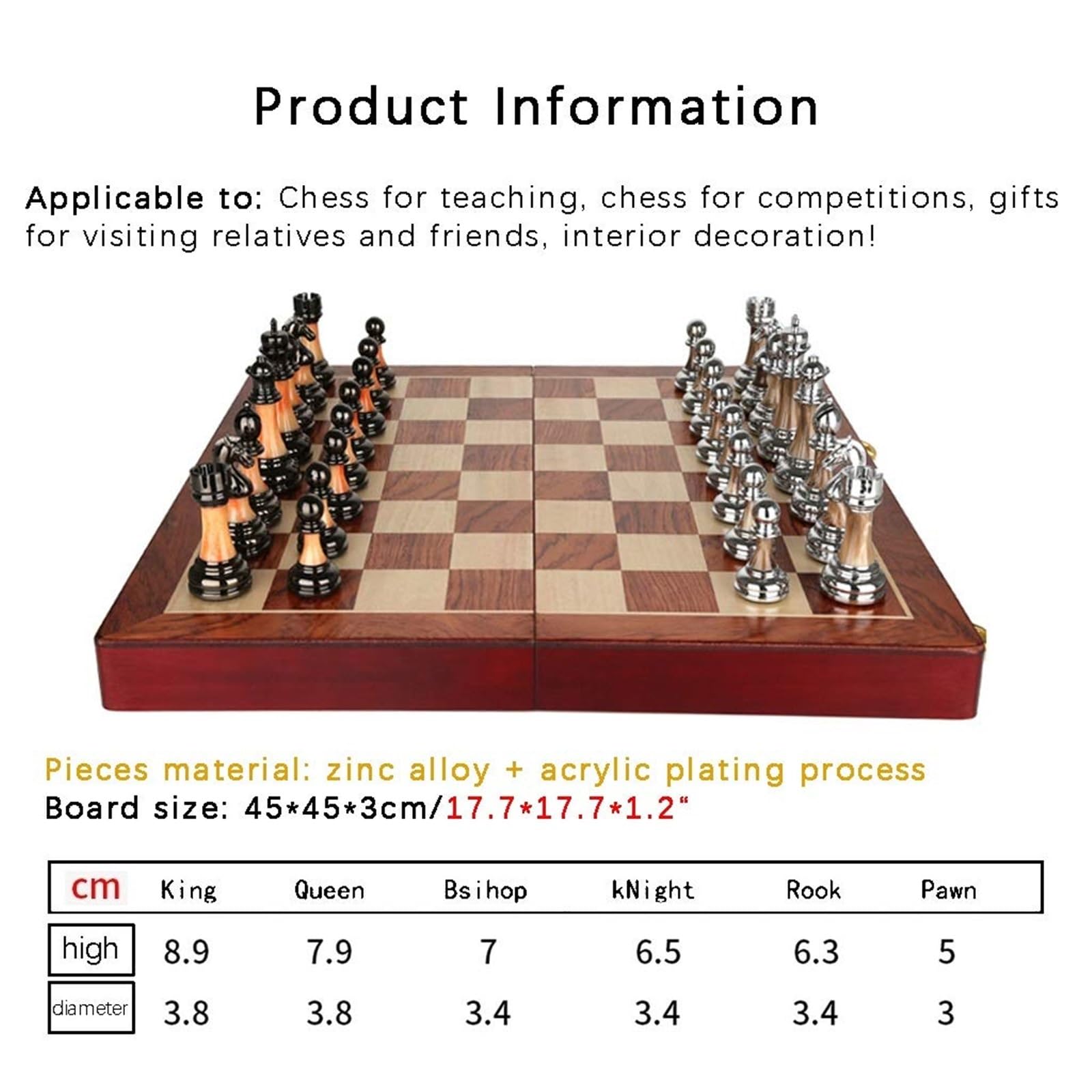 Set di scacchi internazionale, scacchiera classica, pezzi degli scacchi fatti a mano, set di scacchi in legno pieghevoli in metallo for adulti scacchiera portatile