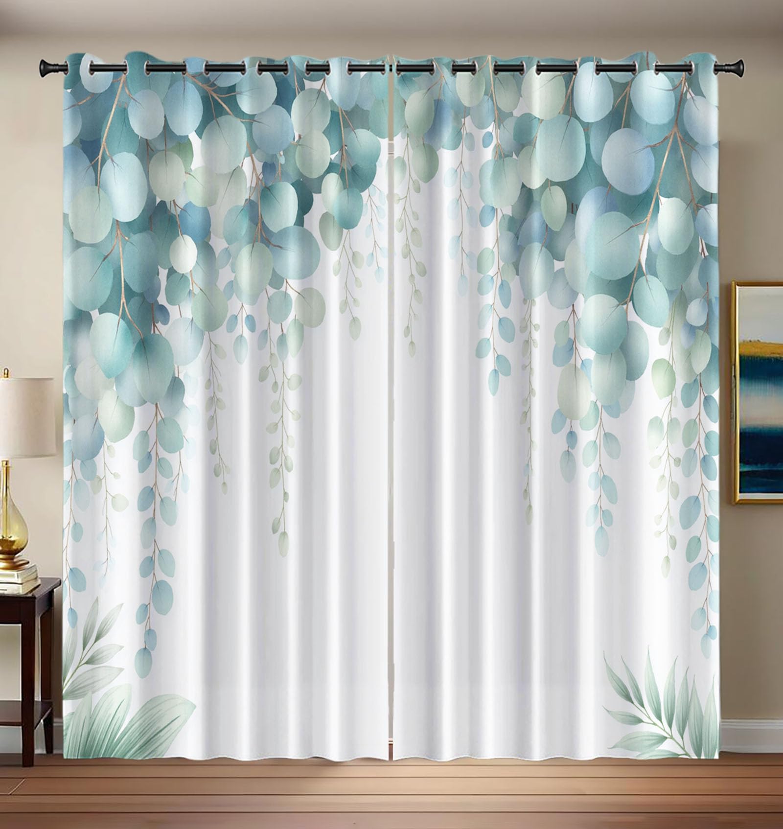 Rideaux occultants à oeillets imprimé plantes décoration vert gris