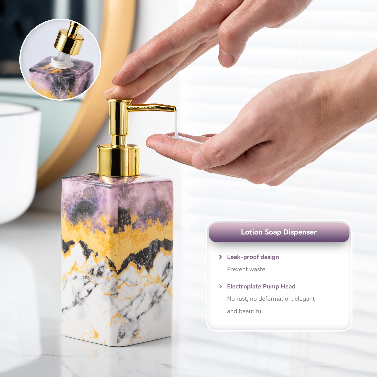 Juego de accesorios de baño de 4 piezas – El juego de accesorios de baño morado incluye dispensador de loción, vaso soporte para cepillo de dientes y jabonera, acabado brillante (mármol, morado)