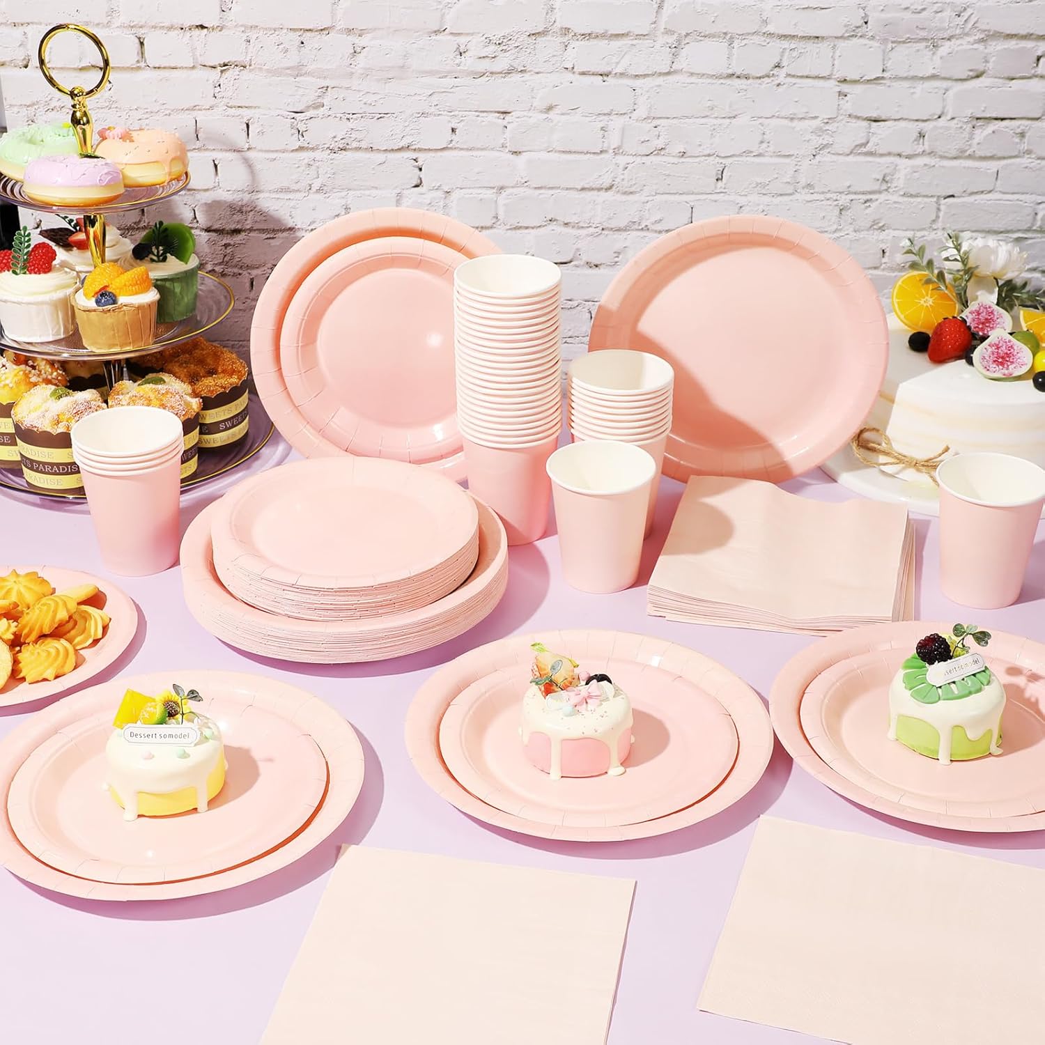 Tioncy 200 Pcs Pastel Pink Disposable Paper Plates Cups and Napkins Party Supplies Serve 50 Guests Disposable Paper Dinnerware Set for Birthday Wedding Baby Shower Family Picnic