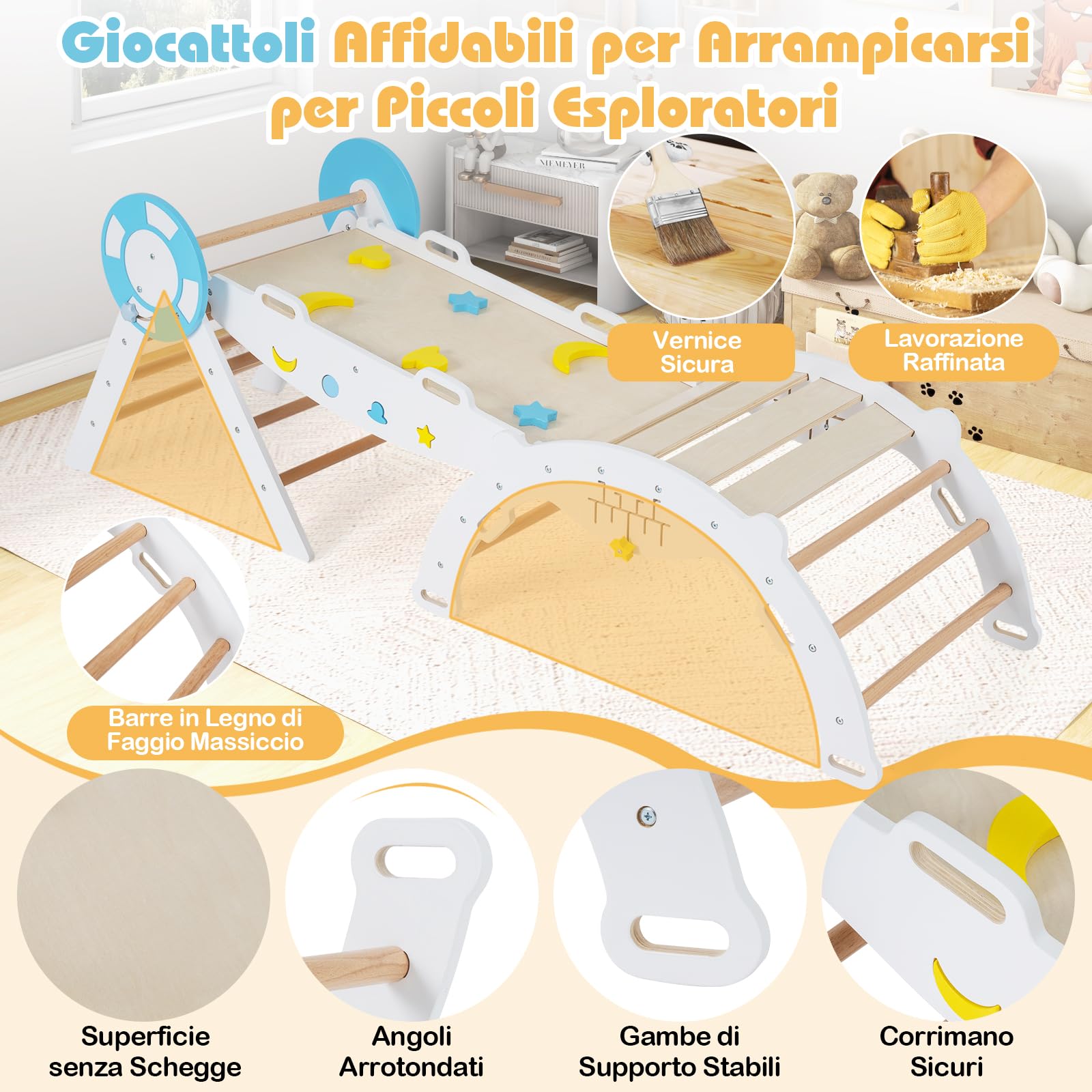 RELAX4LIFE Set da Arrampicata per Bambini, Triangolo di Arrampicata con Scivolo e Arco, Gioco di Incastri in Legno, Gioco Montessori per Bambini 1+ Anni (Marinaio-3 Pezzi | Bianco)