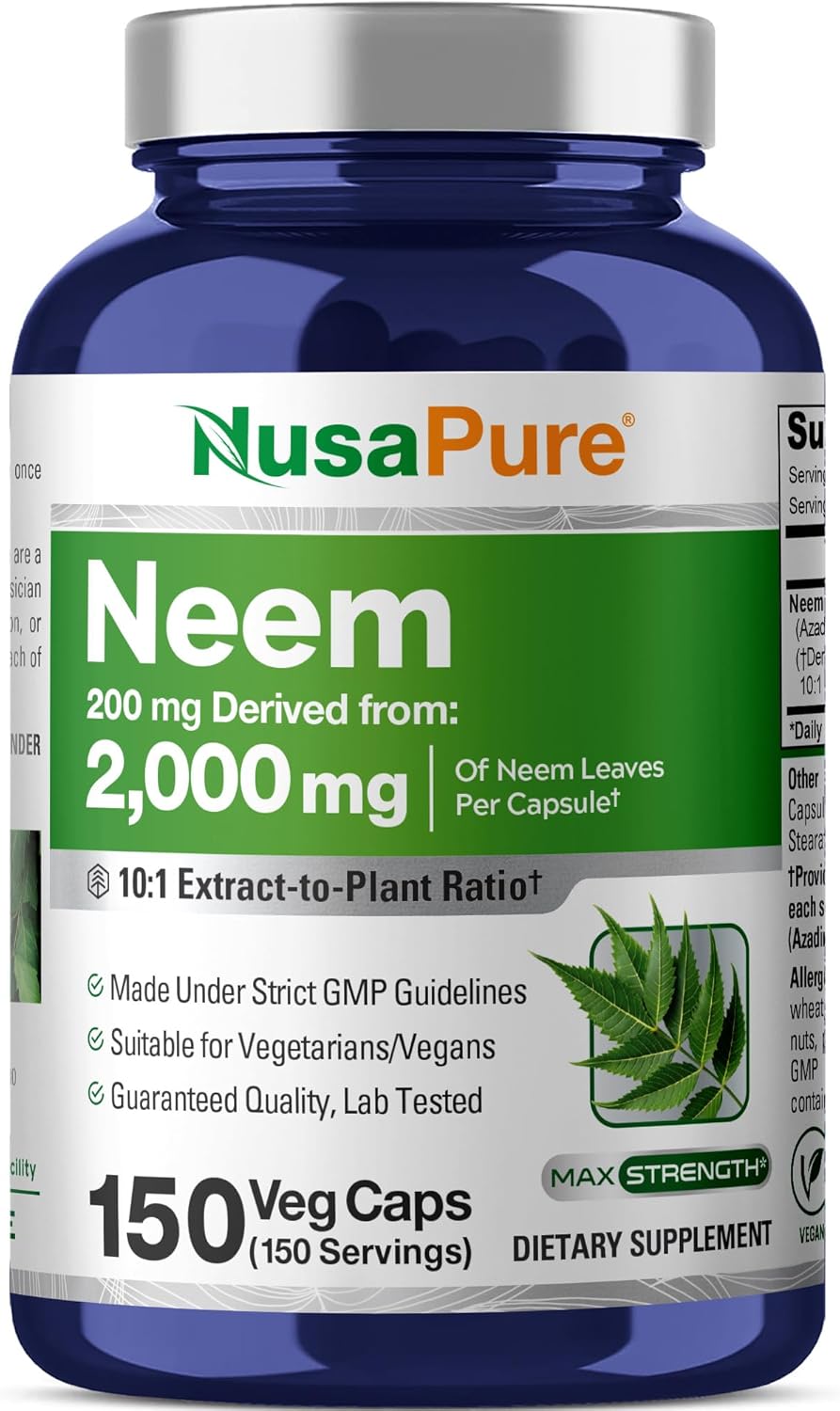 NusaPure Neem Leaf Root 10:1 Extract, 200 mg Equivalent to 2,000 mg 150 Veggie Capsules|Herbal Supplement|Non-GMO, Vegan