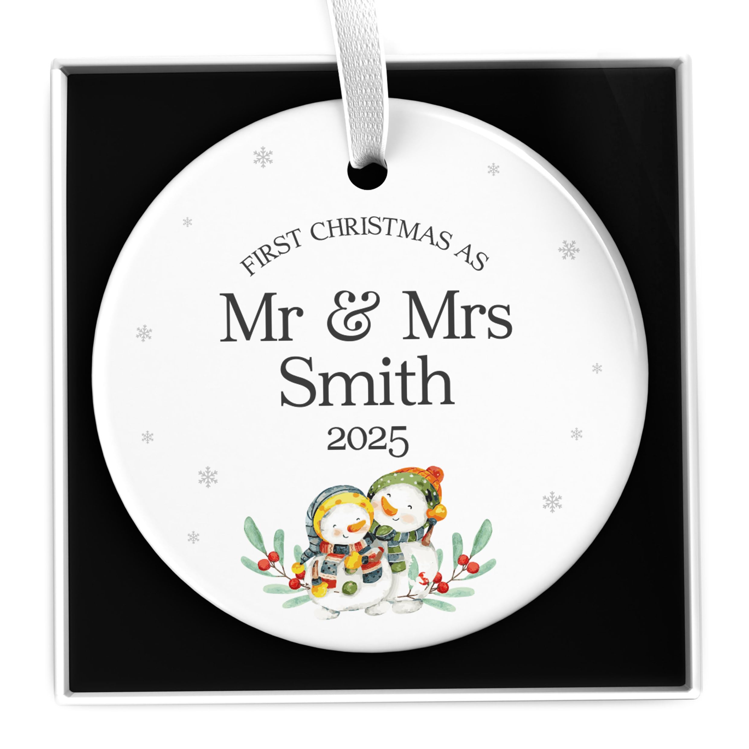 First Christmas As Mr and Mrs 2025 Ornament, Personalised Our First Christmas Married Wedding Keepsake, 1st Xmas Married Ceramic Snowman Design, With Gift Box