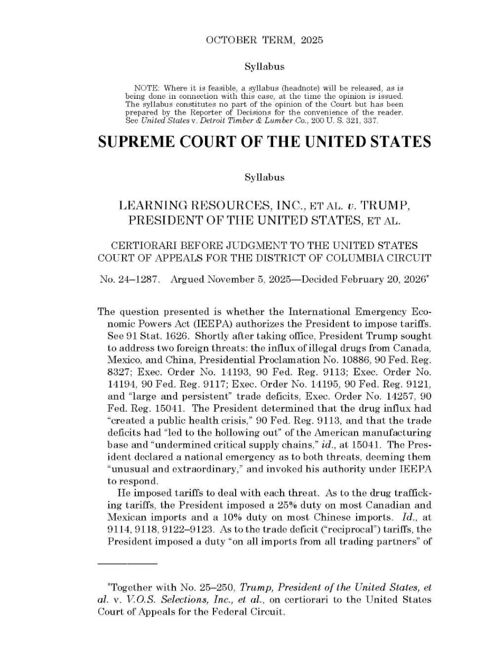 Learning Resources, Inc. v. Trump (2026): Does the International Emergency Economic Powers Act (IEEPA) authorizes the President to impose tariffs?