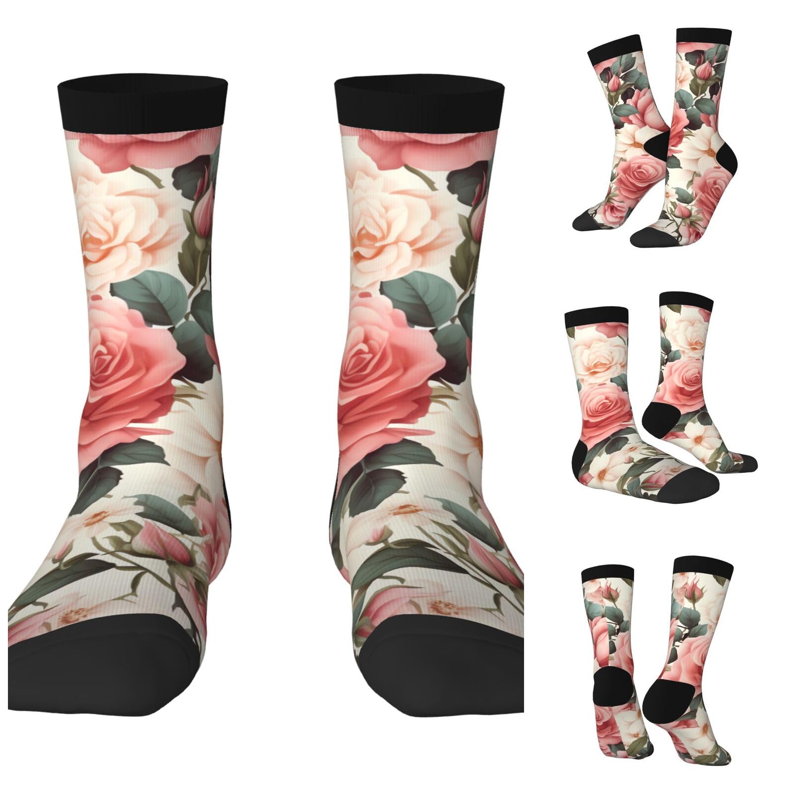 LZQPOEAS Rose Floral Athletic Socks Unisex Cushioned Crew Socks Hiking Running Calf Sock Soft Above Ankle Sock