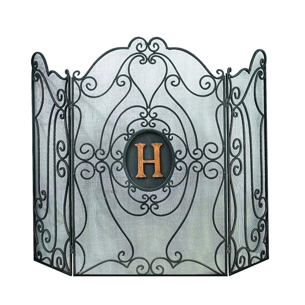 Parascintille per Camino in Ferro, parascintille a 3 Pannelli, parascintille per Camino HXW 60 X 90 cm, Nero, Copertura Dorata