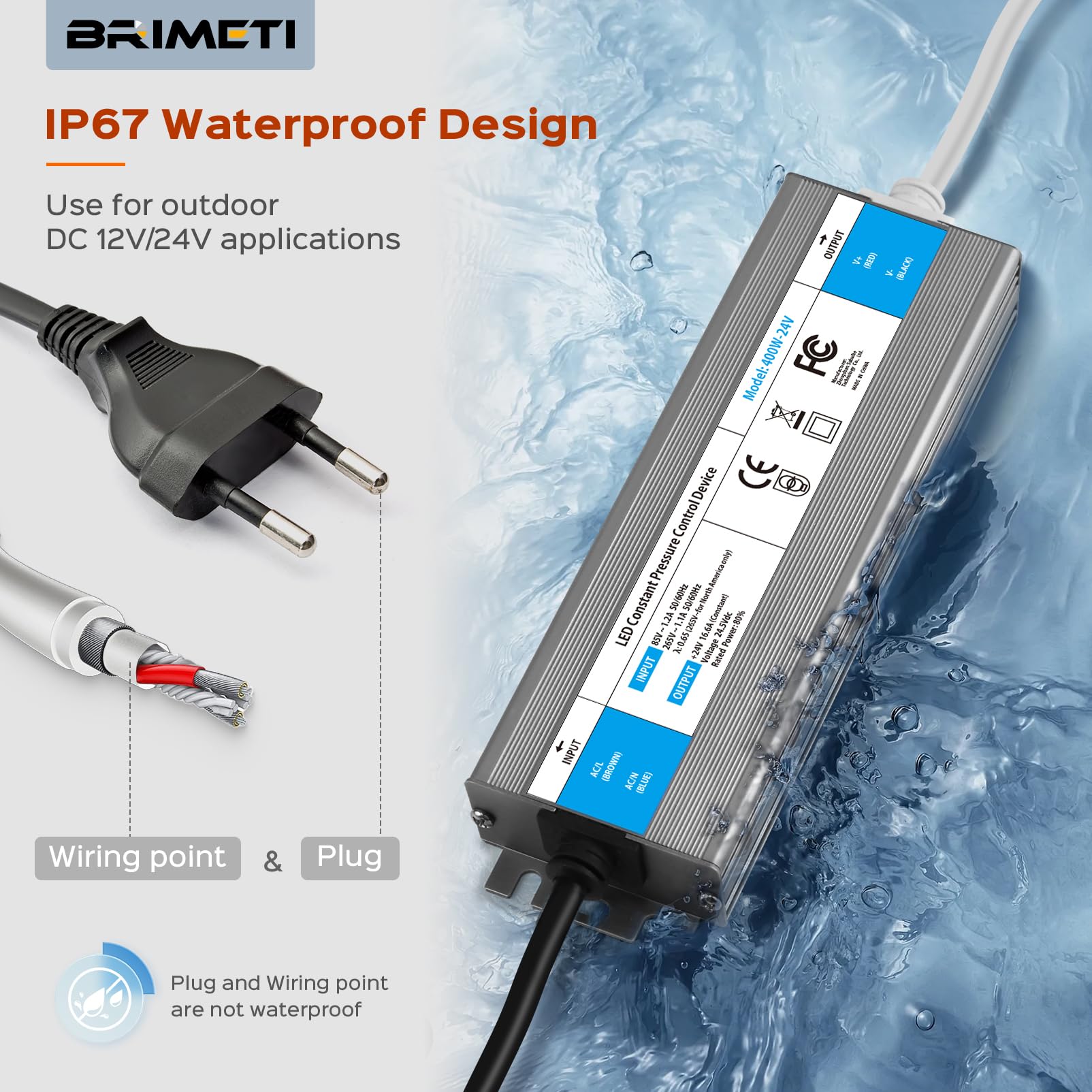Transformateur 220V 24V Power Supply Alimentation 400W DC LED Driver Continu IP67 Transformer Etanche Extérieur Adaptateur 16.6A Transfo Controleur 220V AC à 24V DC, Pour Ruban LED