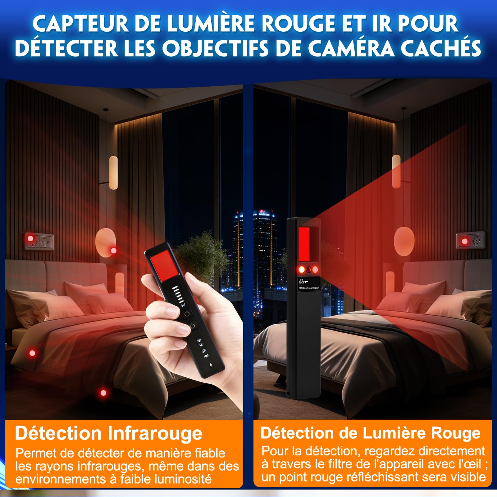 Détecteur de Caméra Cachée 5 en 1 – Détecteur de Micro Espion, Détecteur de Micros GPS, Détecteur RF sans Fil, 6 Niveaux de Sensibilité, Alarme de Sécurité pour Maison, Bureau, Hôtel