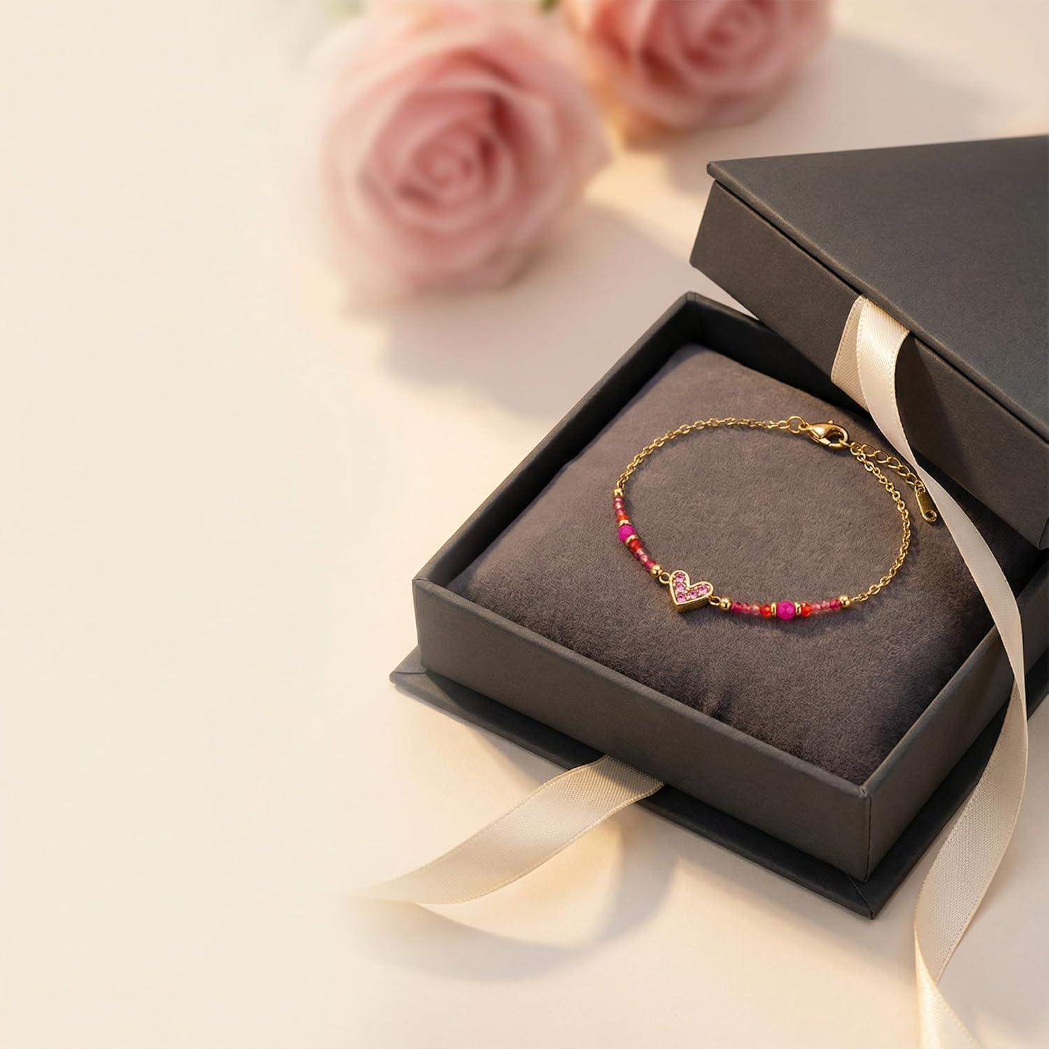 Pink Heart Bracelets for Women Cute 18k Gold Plated Charm Link Bracelet Valentines Day Gifts for Her Boho Stackable Ladies Jewelry - Image 3