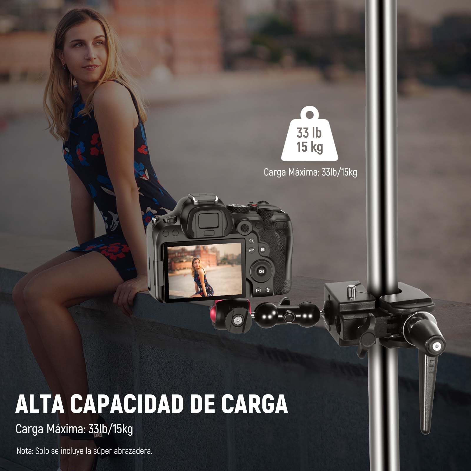 NEEWER Heavy Duty Super Clamp MAX Carga 33lb/15kg, 2,4" Jaw Grip Crab Clamp Mount para Barra Redonda Superficie Plana con 5/8" Stud/Spring Lock/Paño de Limpieza para fotografía de Estudio Luz de
