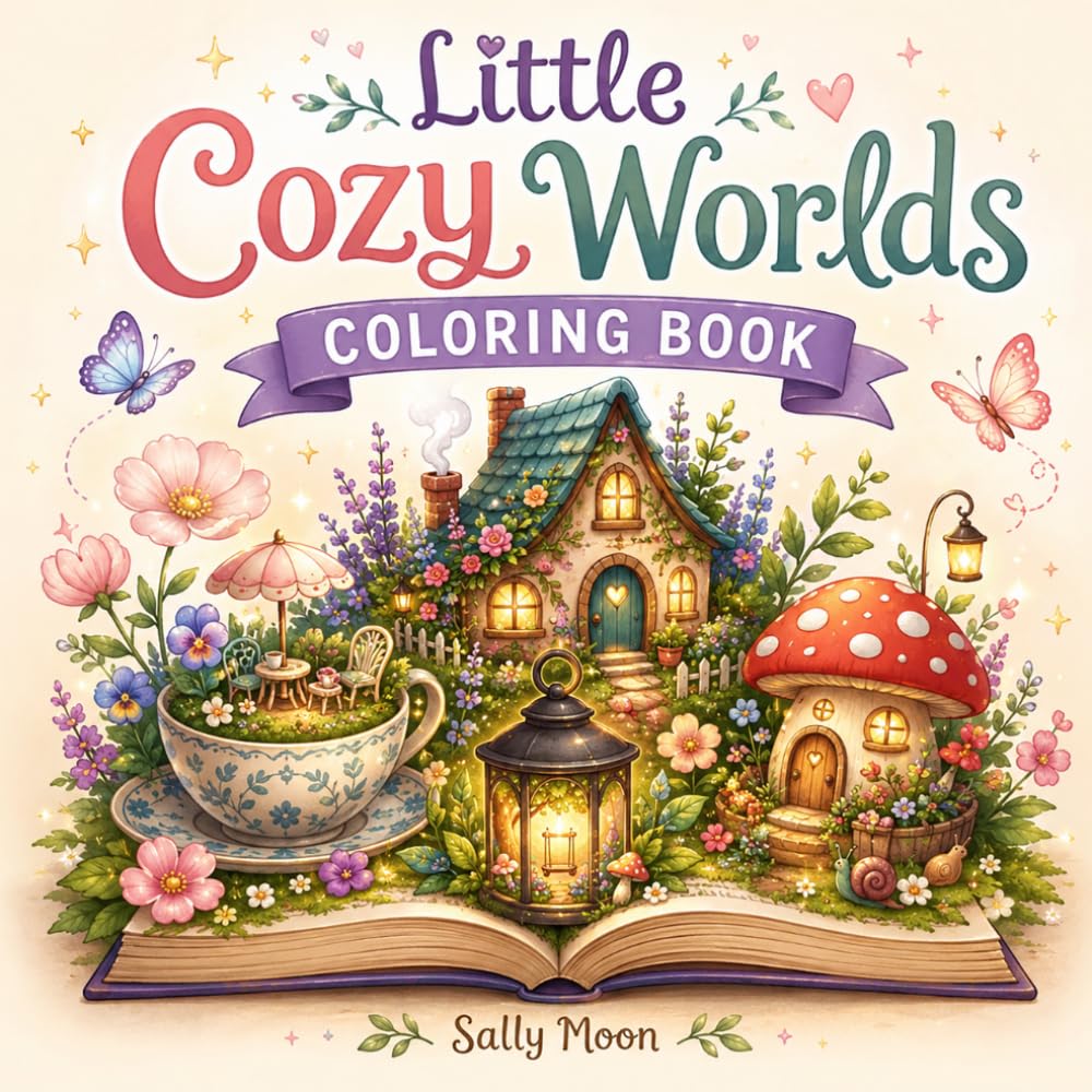Little cozy worlds coloring book: Whimsical Tiny Cottages, Magical Mini Gardens, and Cute Cozy Scenes for Kids, Teens, and Adults