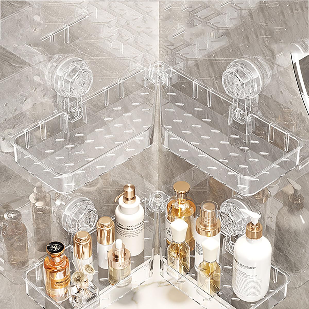 GDHomible 1pc Shower Caddy Suction Cup Wall Mounted Suction Shower Rack Organizer No Drilling Clear Shelf Basket Bathroom