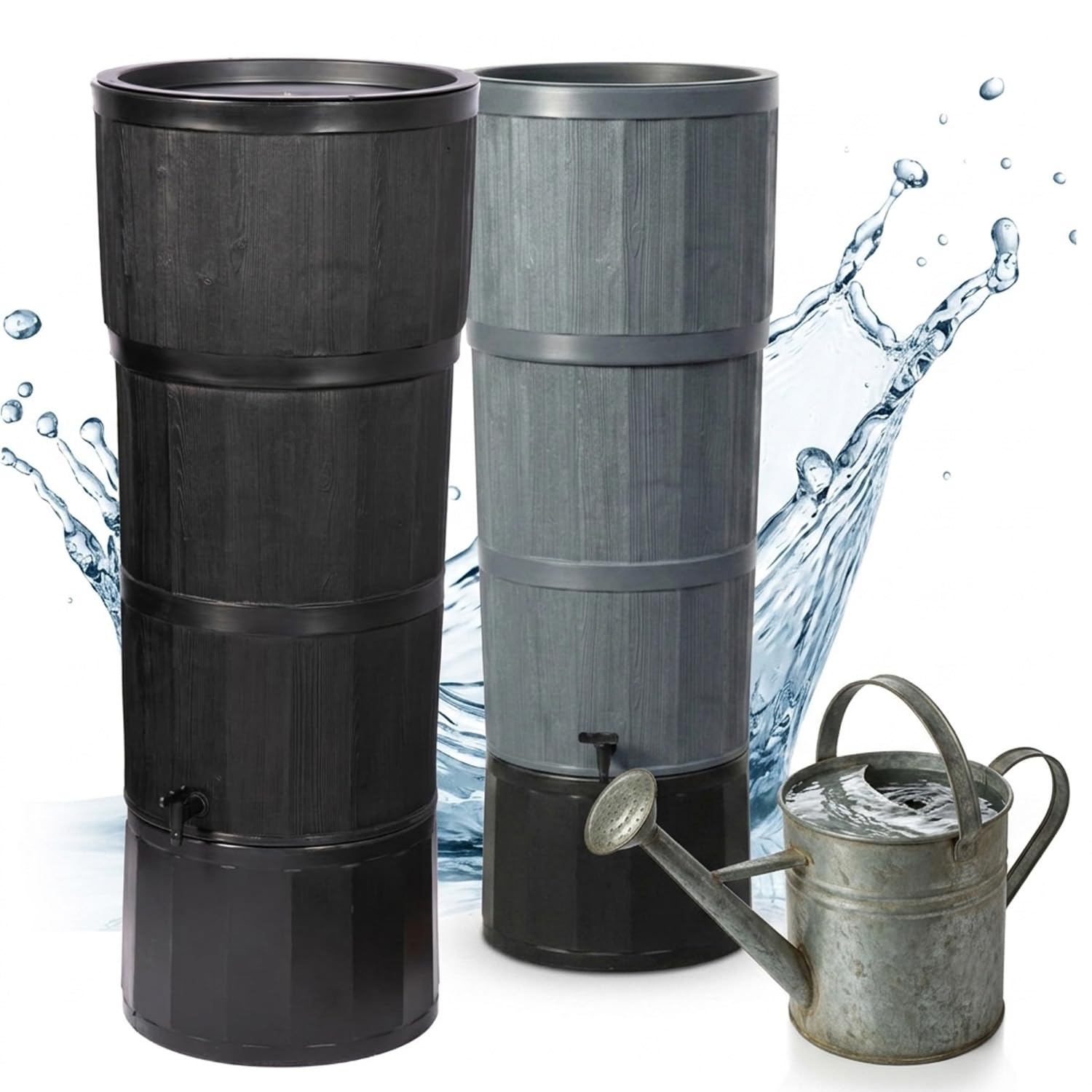 150 Litre XL Premium Oak Wood Water Butt Complete With Stand, Tap, Rain Diverter & Lid (Graphite)