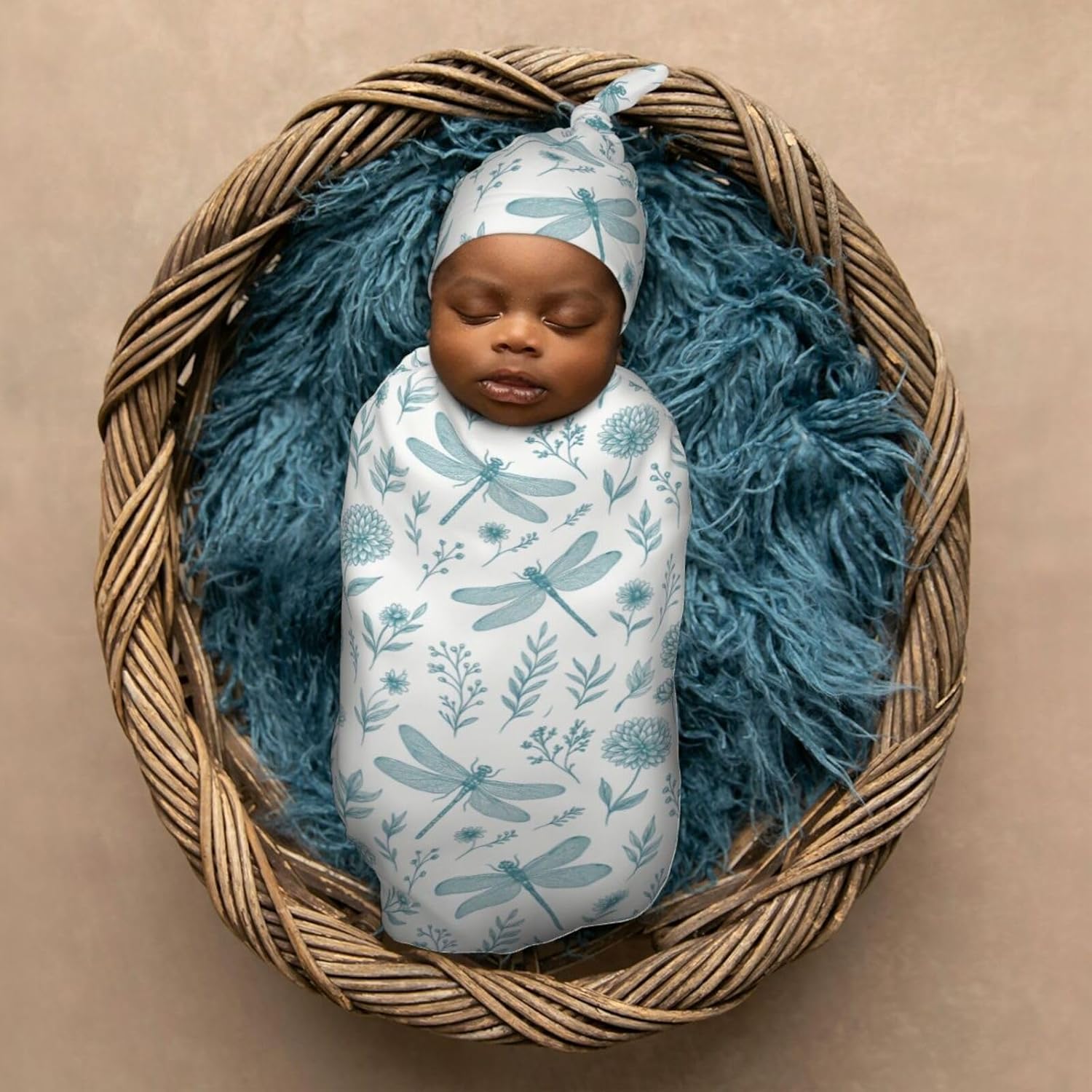 Blue Dragonfly Newborn Swaddle Blankets Hat Sets Soft Baby Receiving Blanket Swaddle Sack for Baby Shower Infant Boy Girl Gift - Image 6
