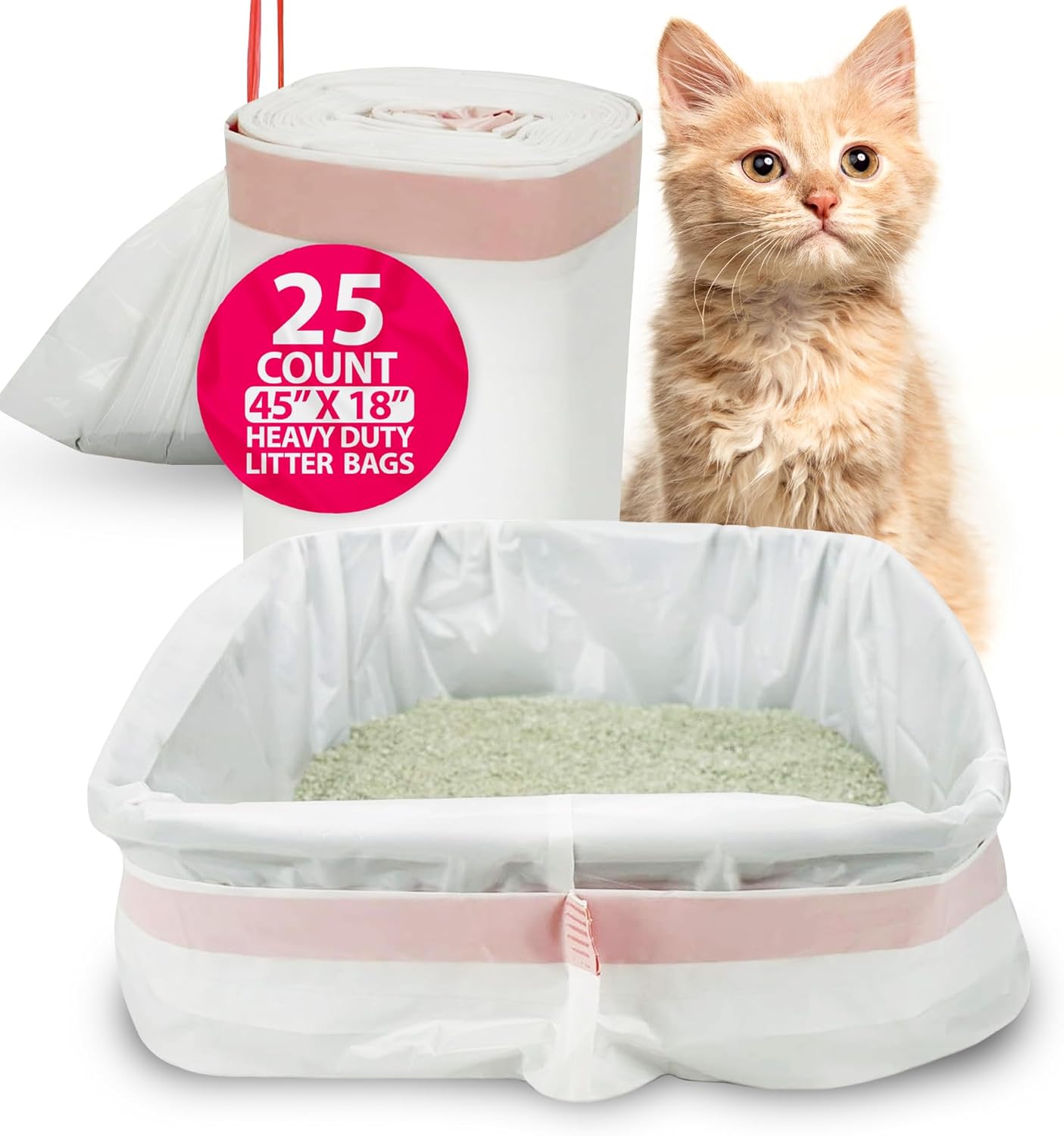 PETSWORLD Cat Litter Box Liners, Heavy Duty Litter Pan Liners Bags with Drawstring for Pet Cat Litter Tray (Unscented) (JUMBO - 45 x 18 Inches, 50 Count)