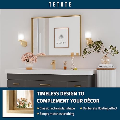 Miniatura 2 de TETOTE Espejo de baño dorado cepillado de 40 x 30 pulgadas, espejo rectangular con marco dorado para tocador de baño, espejo de pared grande y