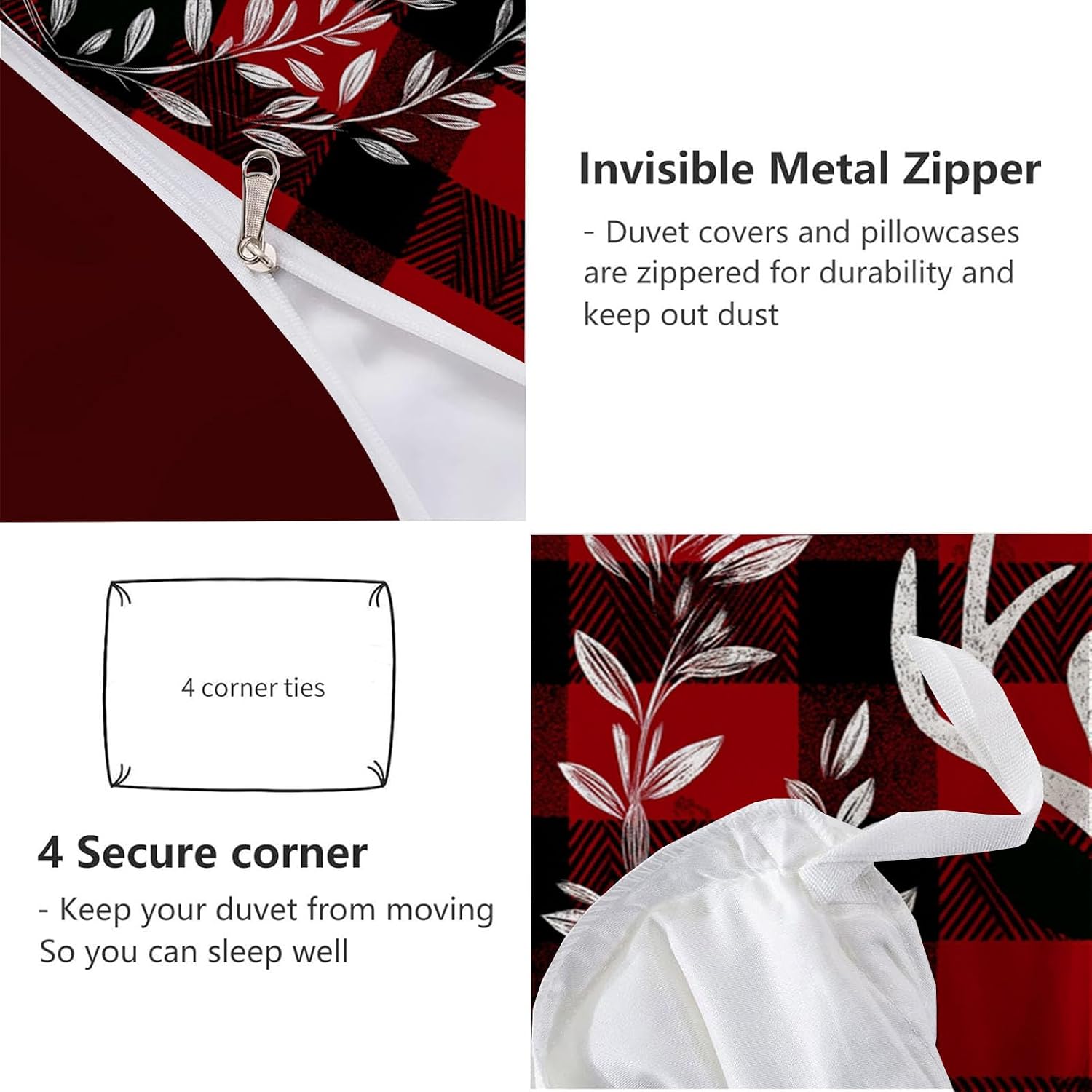 3D Printed Christmas Duvet Cover Queen Size,Red and Black Classic Plaid Bedding with White Deer Head Design,Reversible Festive Quilt Cover,Soft Microfiber,Easy Care with Zipper