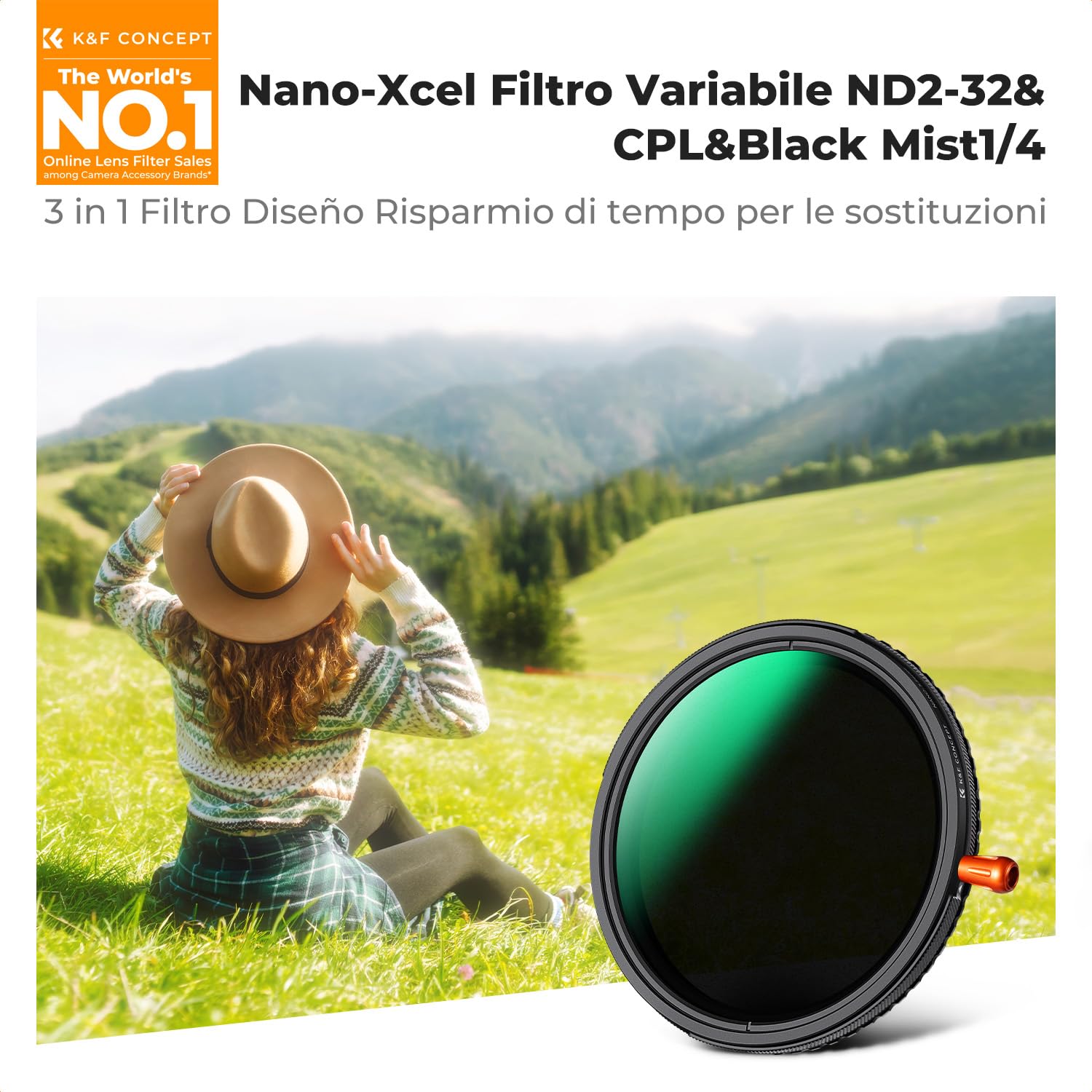 K&F CONCEPT 77mm Nano-Xcel Filtro 3 En 1 Funzione Black Mist 1/4 & Variabile ND2-32 & CPL con Un Panno di Pulizia per Obiettivo Fotocamera, Filtro in Vetro Ottico con 28 Strati Nano Rivestimento