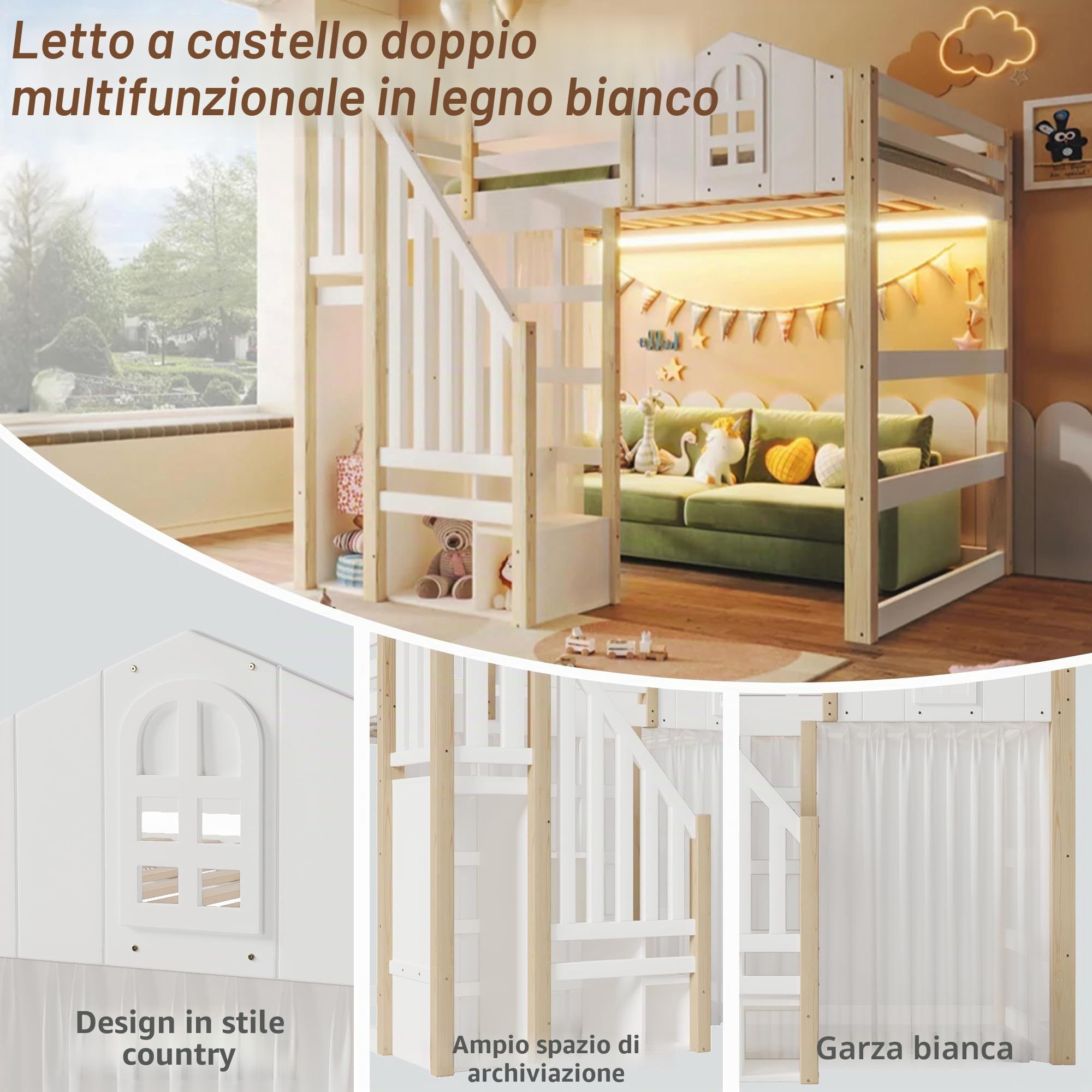 Letto a soppalco, 140 x 200 cm, con luci a LED, a forma di finestra, vano portaoggetti aperto, garza, senza materasso, bianco+naturale