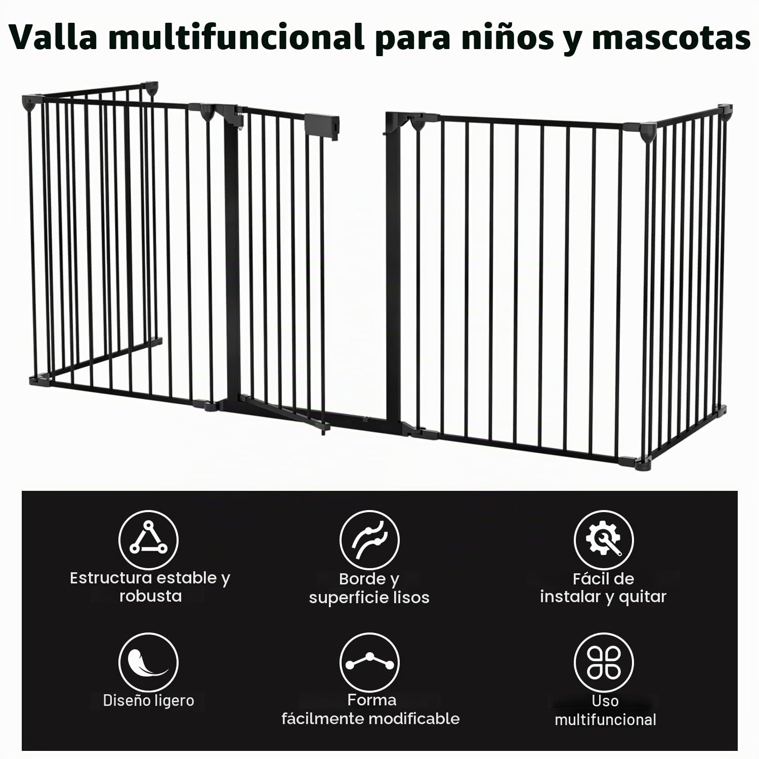 Rejilla protectora para chimenea con puerta, 310 cm, protección animal y seguridad infantil, incluye 5 elementos, parque plegable, color negro