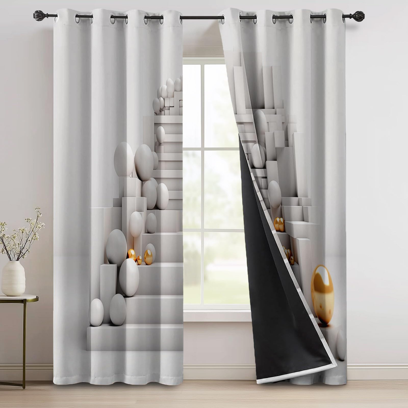 Rideaux à Oeillets 70L X 240H cm (2 Panneaux), Imprimé Sphères Géométriques Modernes, Isolant Opaque pour Porte-Fenêtre et Balcon, Blanc