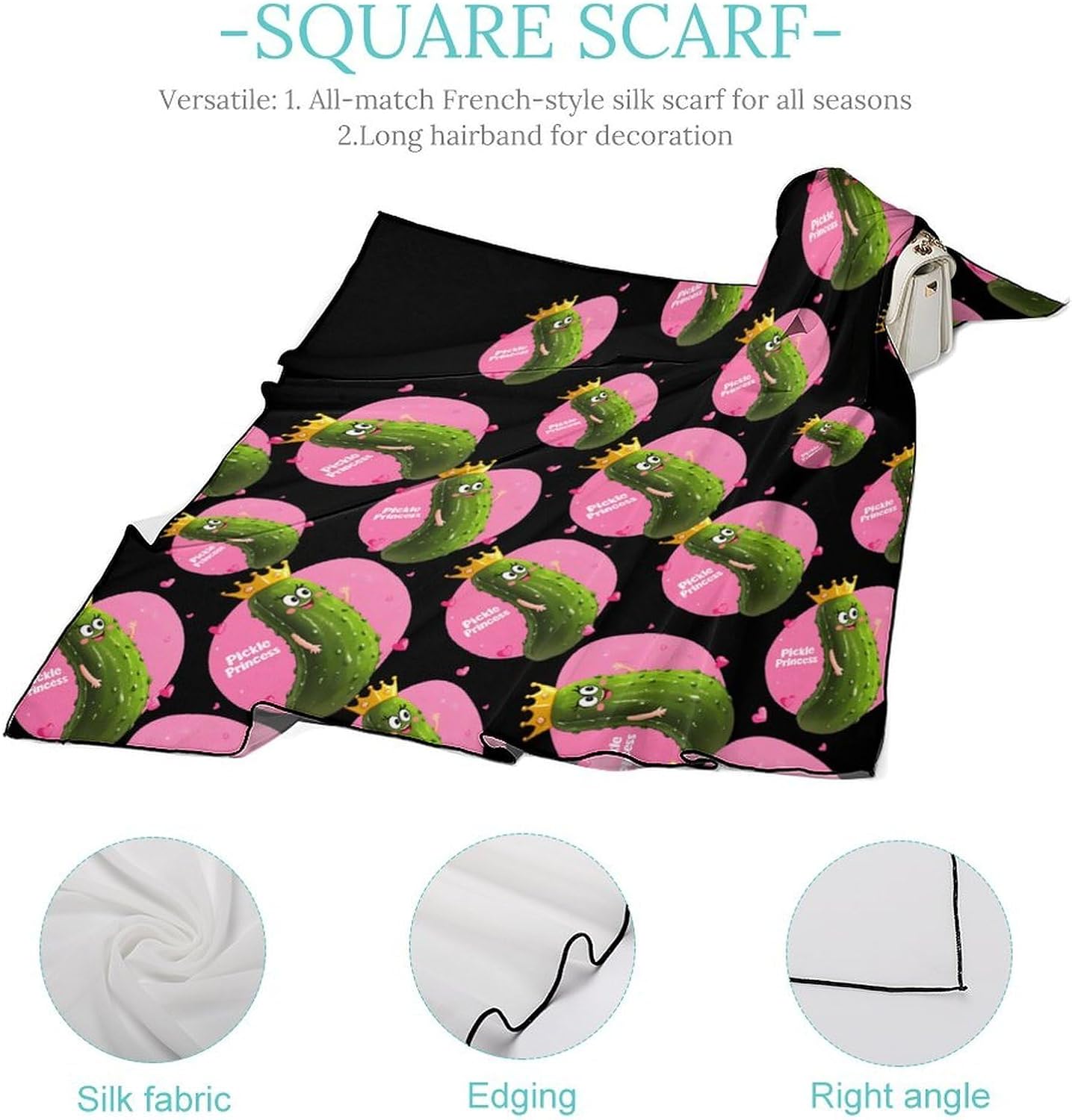 Pickle Princess Funny Pickle Cucumber Bandana Fashion Head Scarf Square Silk Scarf Print Neck Hair Scarfs for Women Men Gifts
