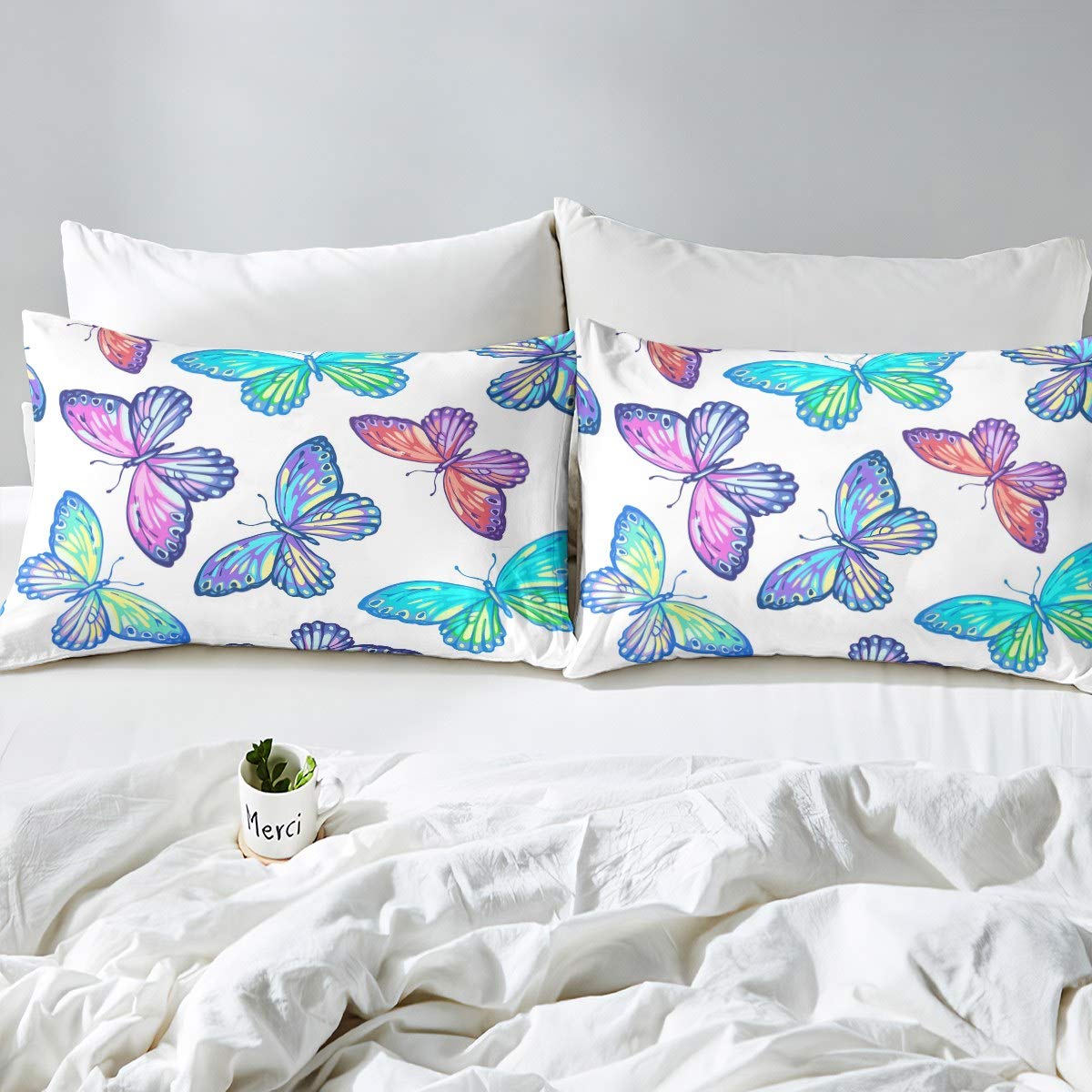 Tbrand Juego de ropa de cama para niñas con diseño de mariposas, diseño de mariposas, color rosa y verde azulado y rosa