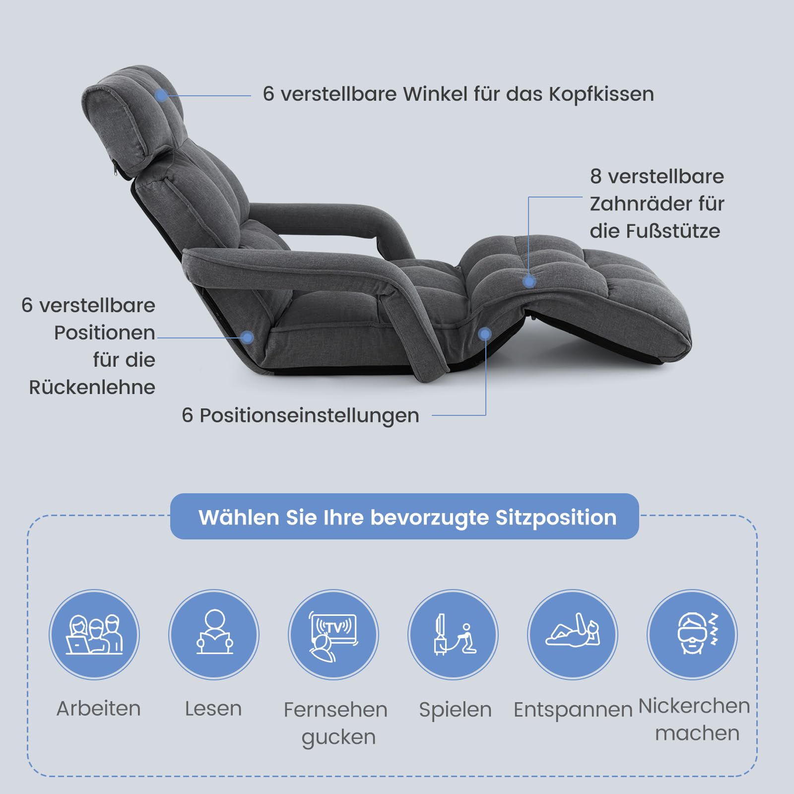 RELAX4LIFE Relaxliege, Bodenliege 6-Fach Einstellbar, Bodenstuhl Faltbar, Relaxsessel mit Schlaffunktion, Liegesessel mit Armlehnen, bis 140kg belastbar, Klappsessel für Schlafen Lesen (Dunkelgrau)