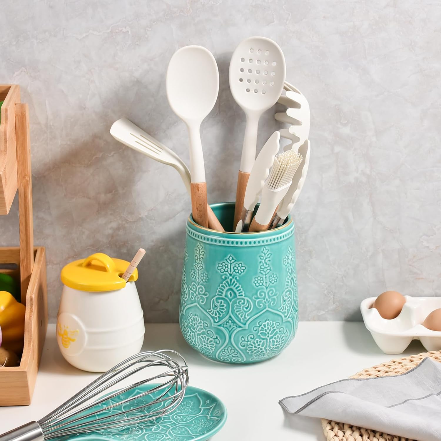 Utensil Holder, Large Utensil Holder for Kitchen Counter, 6.5”Ceramic Cooking Utensil Organizer, Kitchen Decor for Counter (Turquoise)