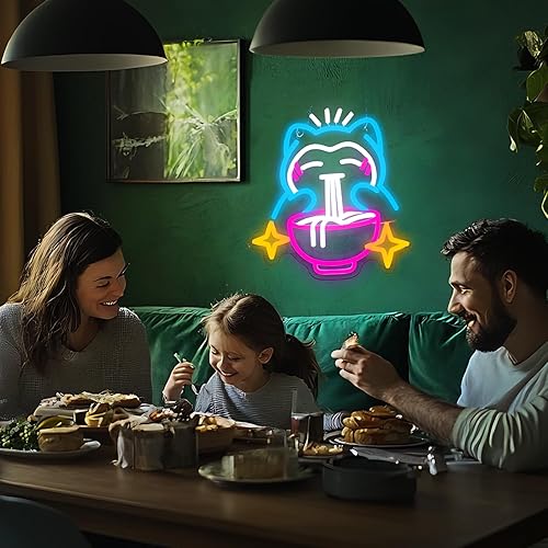 Miniatura 5 de Luz LED de neón Ramen  Lindo letrero de neón de fideos de oso, decoración de pared japonesa regulable para salas de juegos, restaurantes, bares y