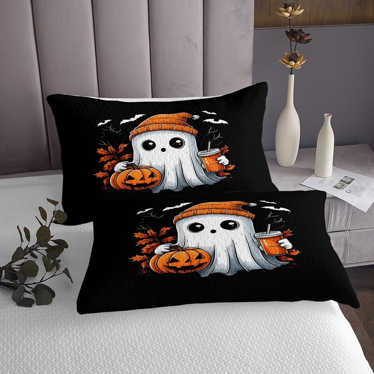 Cute Ghost Quilt Set Gothic Pumpkin Lantern Bedspread Set Bats Halloween Decoration Indoor Queen Size, Fall Leaves Coverlet Set Horror Silhouette Spooky Dark Shadows Quilted Cartoon Halloween Decor